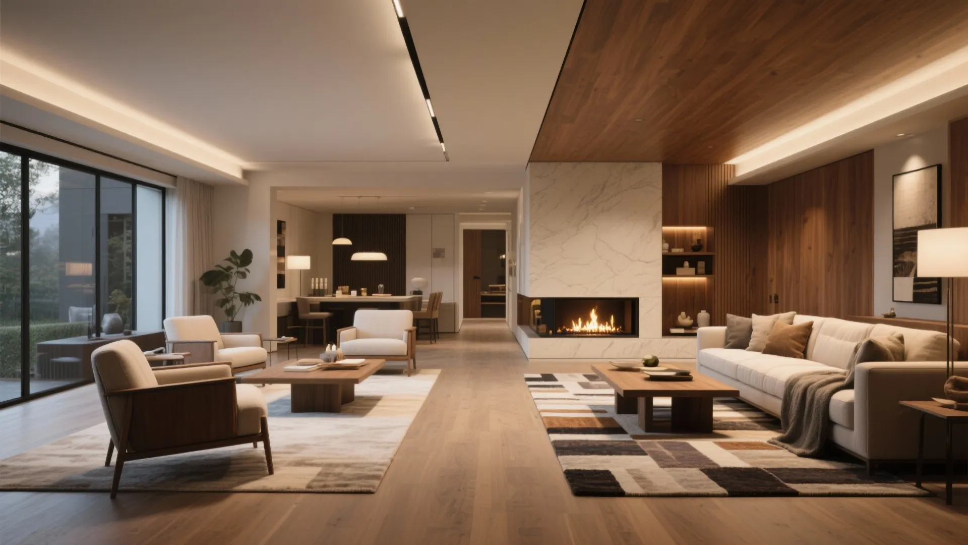 Rectangular living room with two distinct seating areas and cozy atmosphere