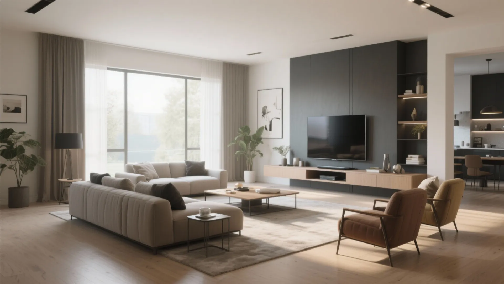 Modern living room with grey sofa cream couch wooden coffee table and television on wall