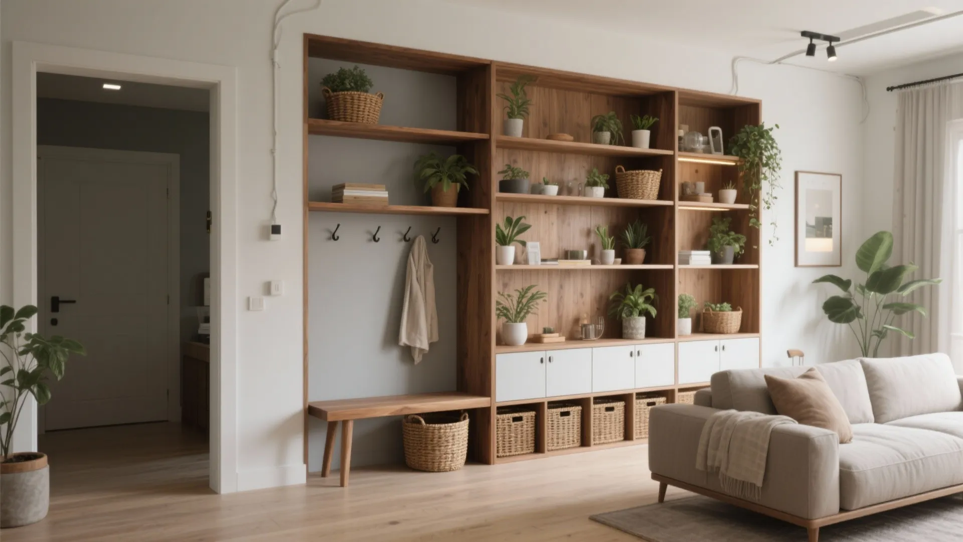 Large wooden cabinet with shelves for plants and baskets next to a sofa and white wall