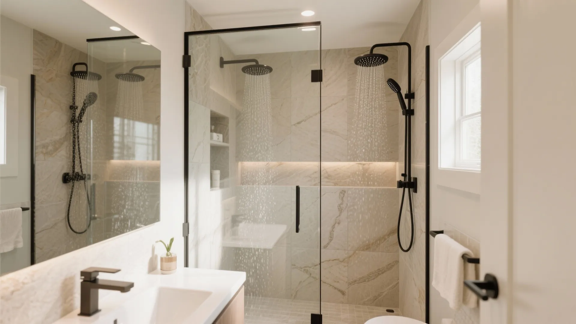 Modern bathroom with double black ceiling light shower heads marble walls and a glass door