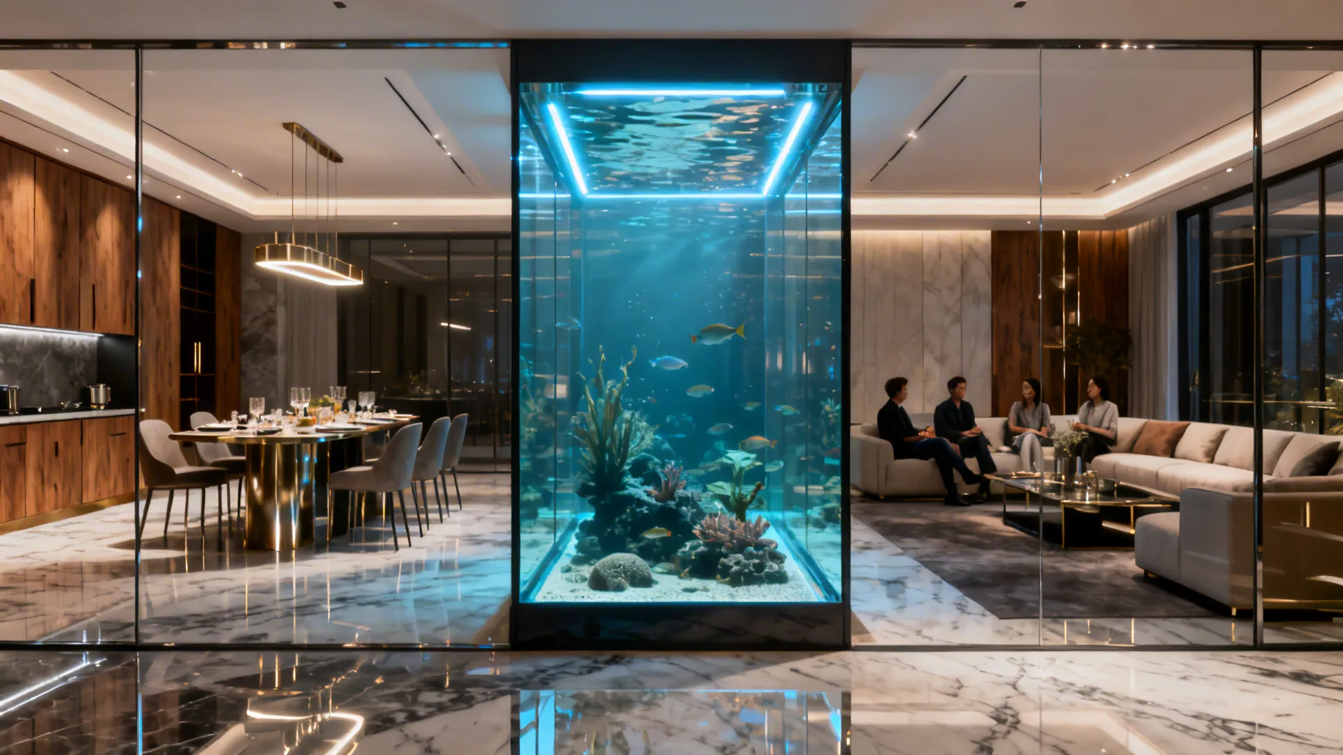 Double-sided partition aquarium connecting living room and dining area with modern furnishings.