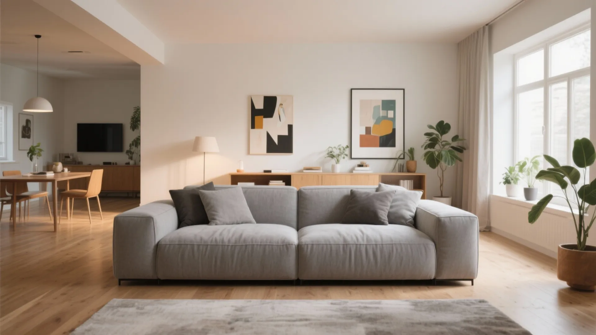 Modern open living area with grey sofa plus wooden floor and dining table in background