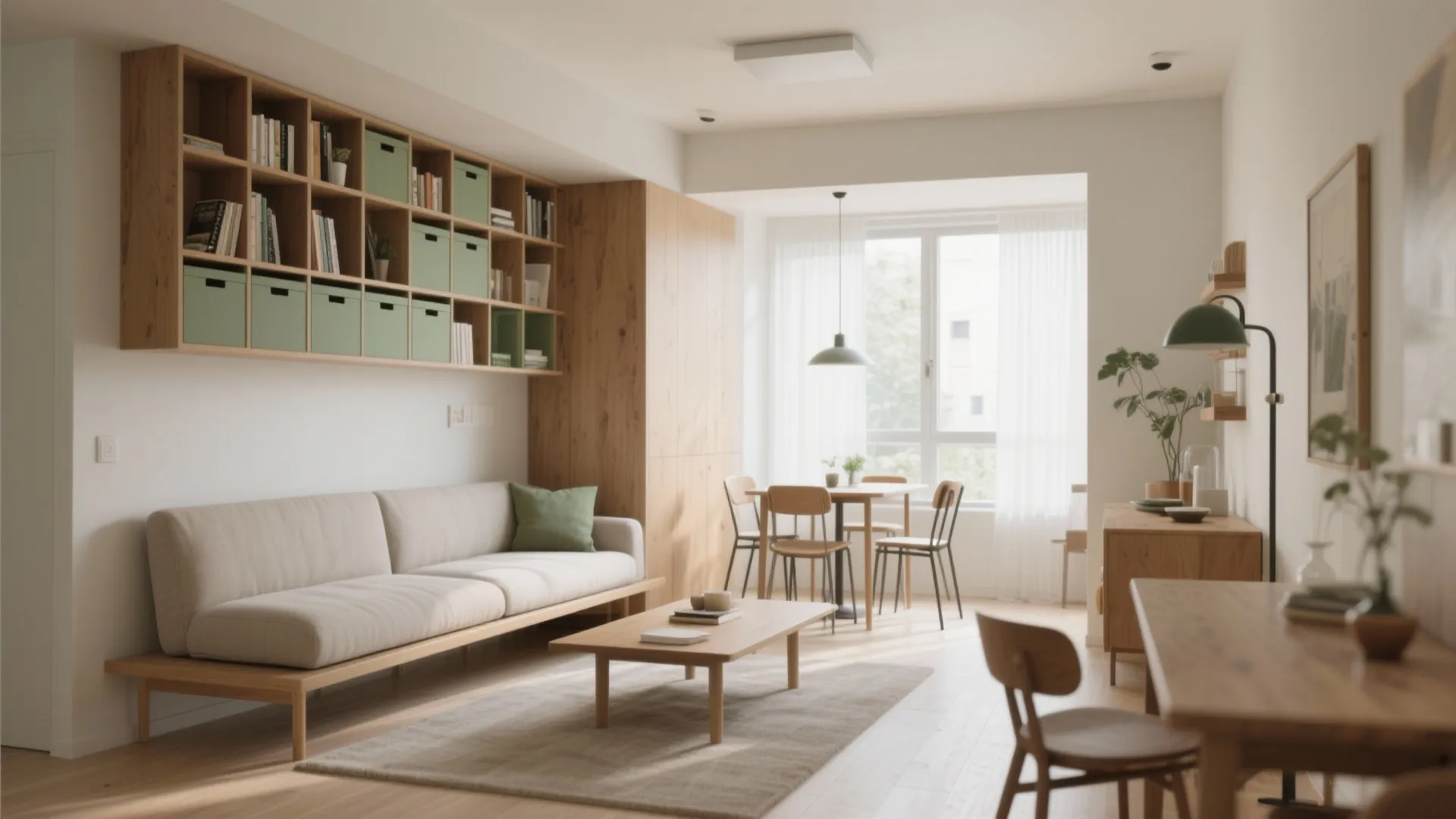 Open plan living area with large wall bookshelf, beige sofa, dining table, and green storage