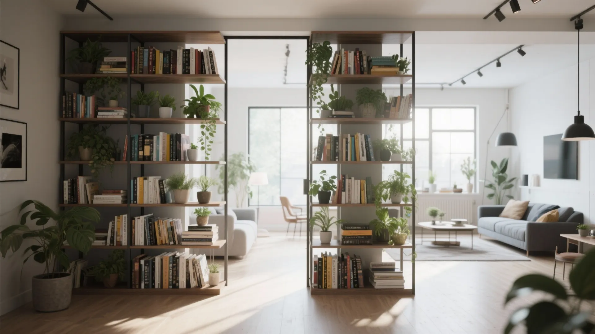 Double-sided bookcase dividing spaces in open-plan apartment