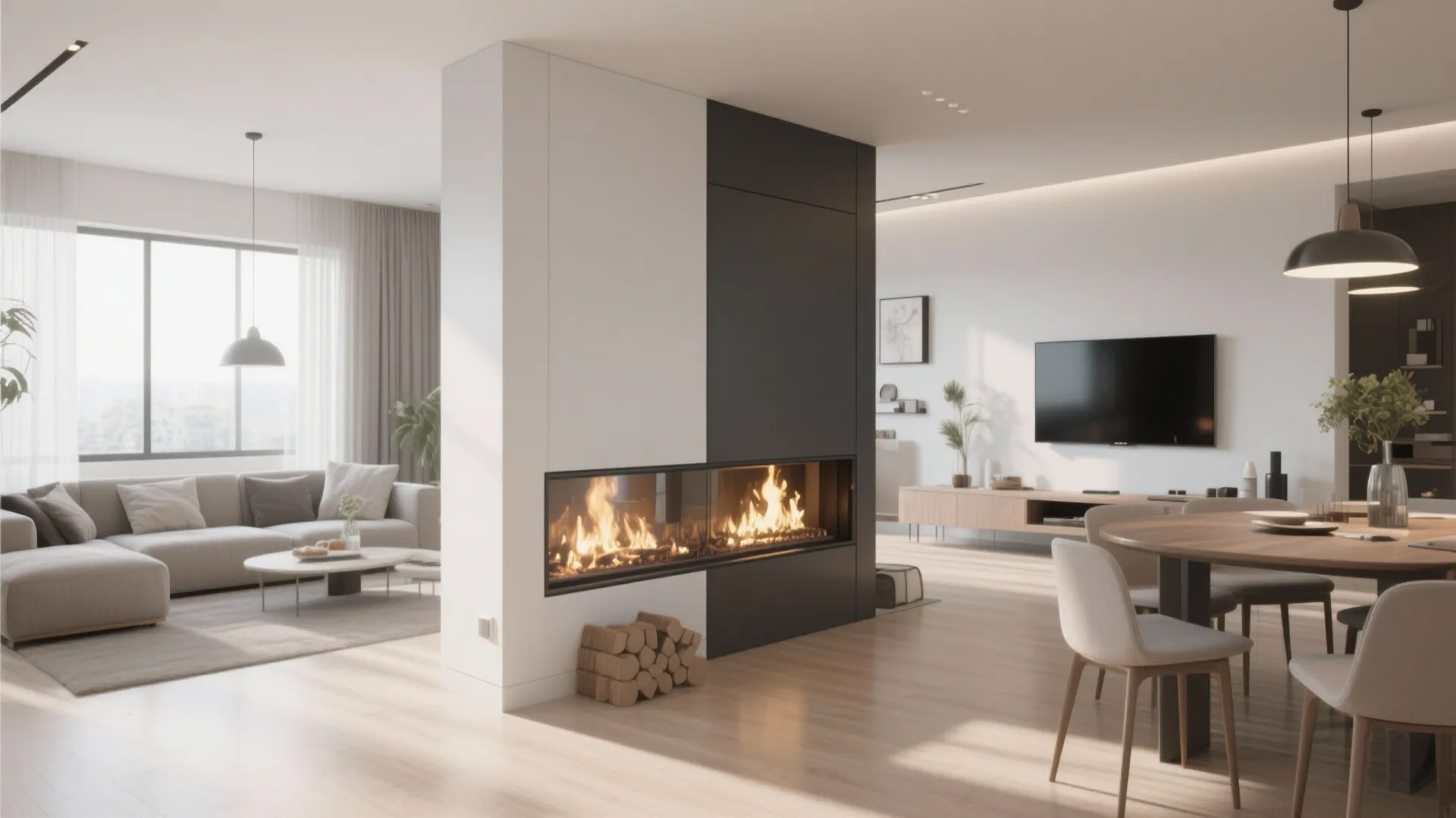 6. Double‑Sided Fireplace Between Living and Dining