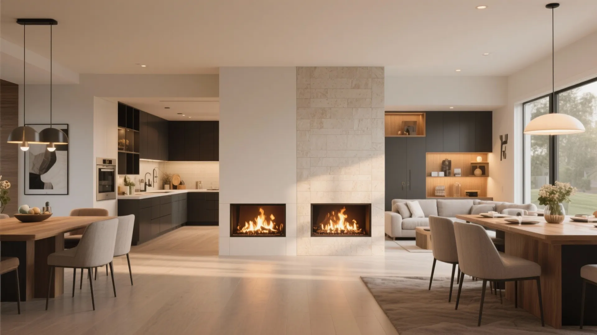 Double-sided fireplace divider in open concept home