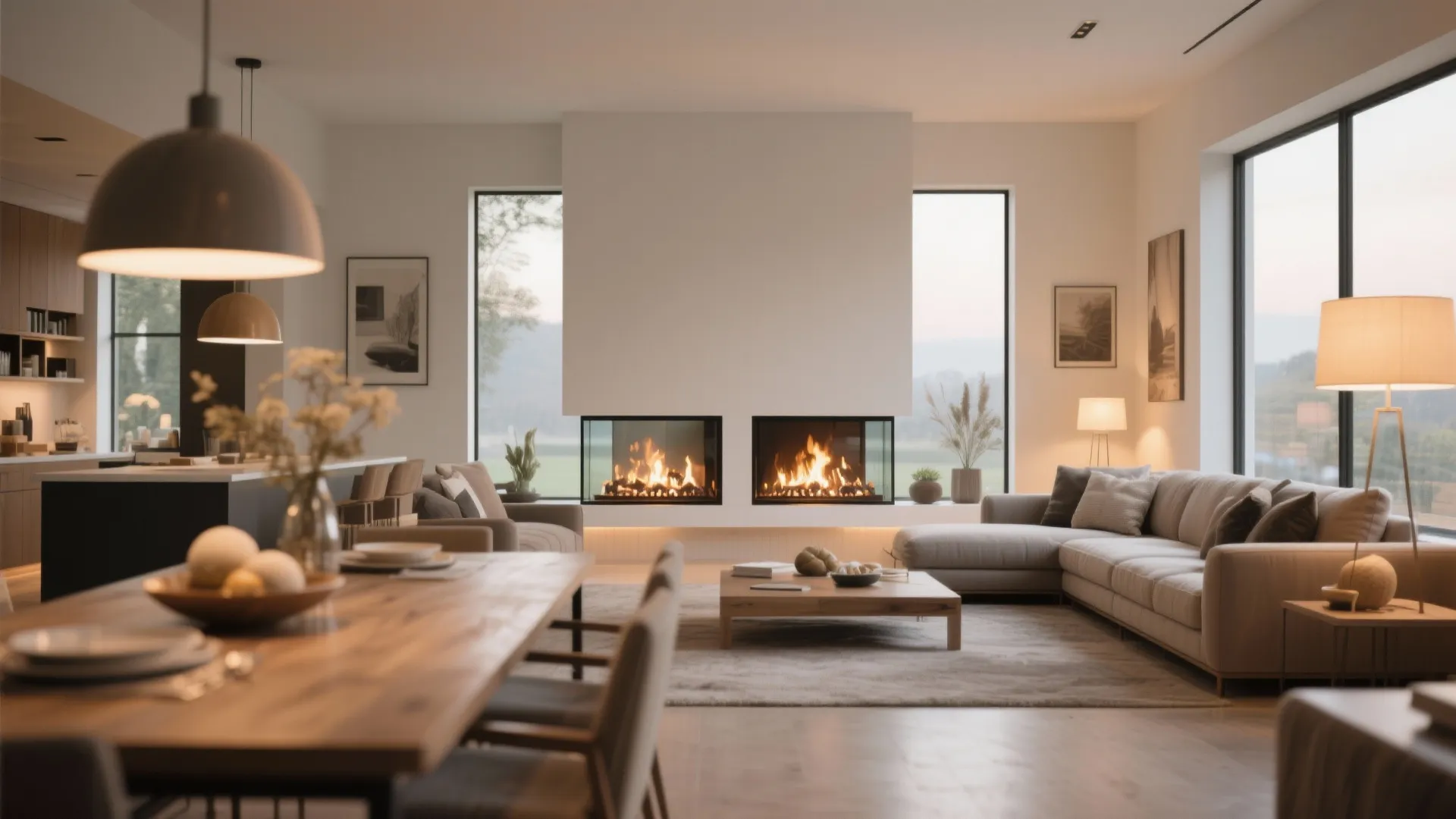 Modern living room with double sided fireplace and large grey sofa and wooden dining table