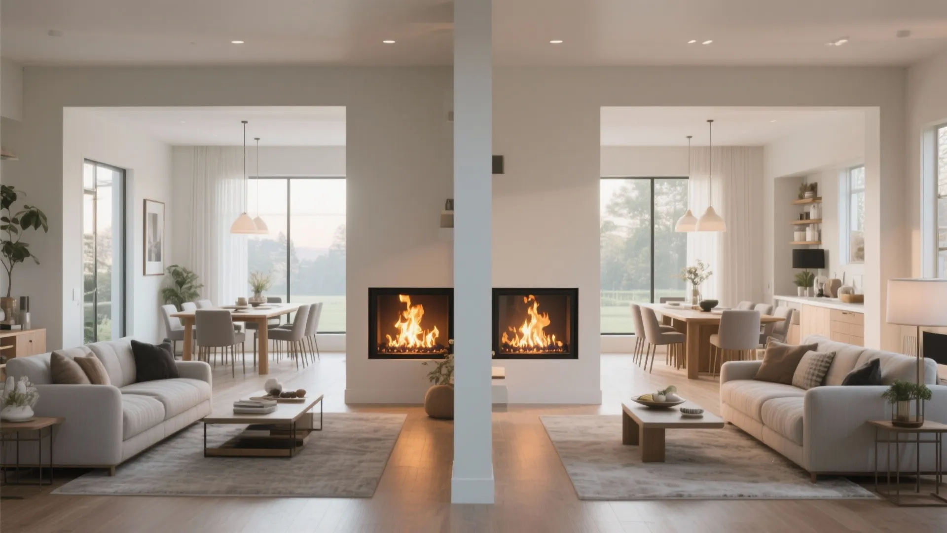 Modern open plan living room with double sided fireplace dining table white sofas and bright windows
