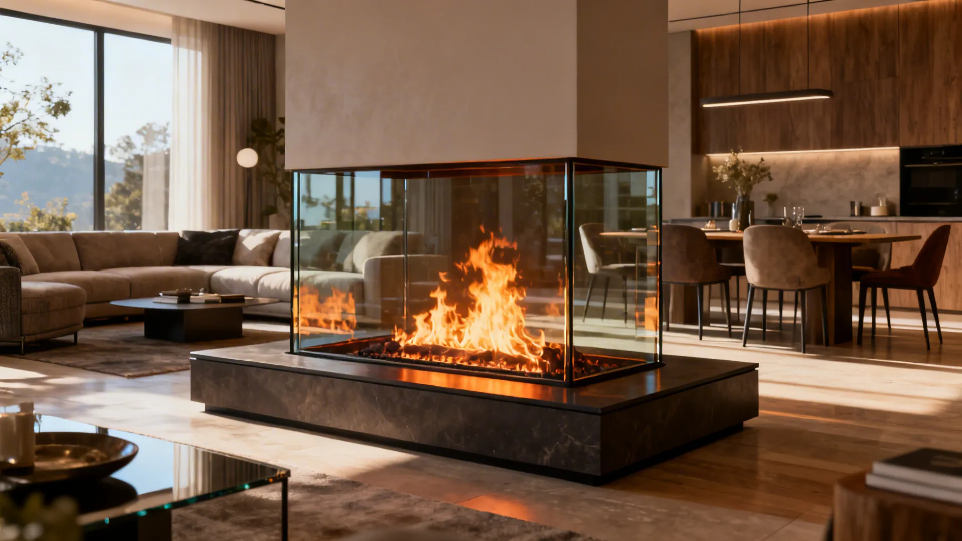 3. Double-Sided Fireplace Between Living and Dining