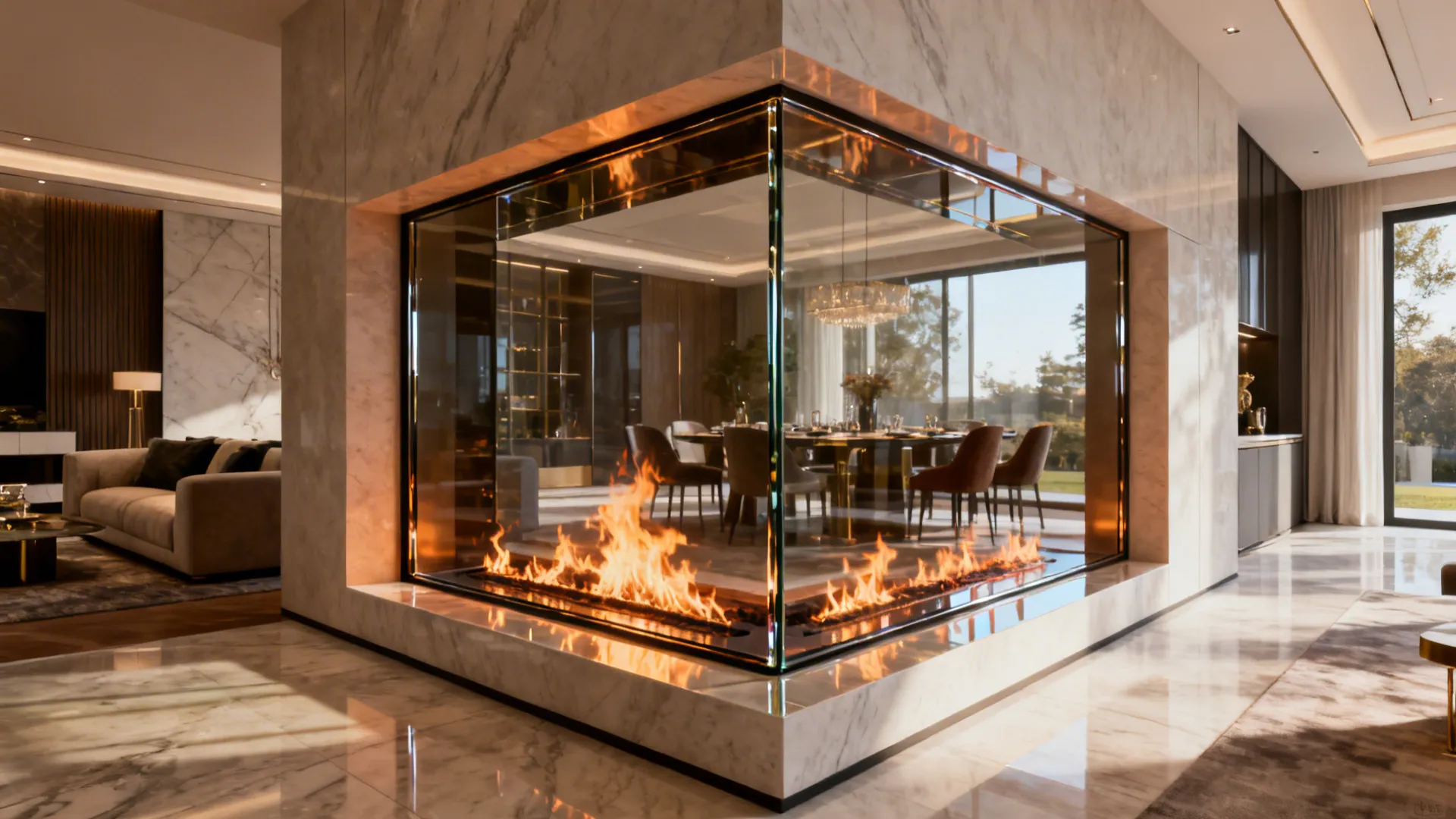 See-through double-sided fireplace connecting a small living area and dining nook.