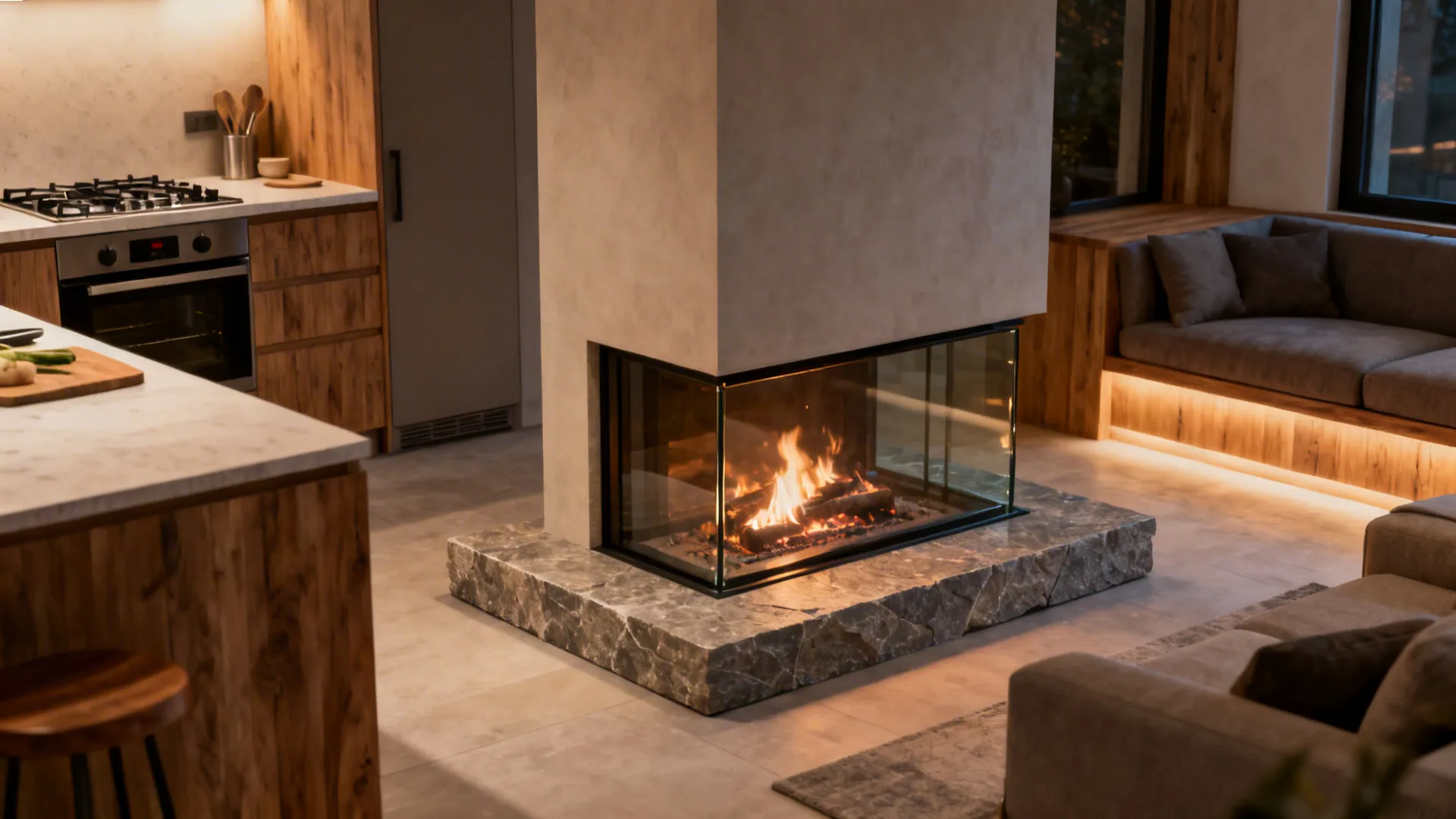 Raised double-sided fireplace between kitchen prep area and living room with clean glass and wood accents.