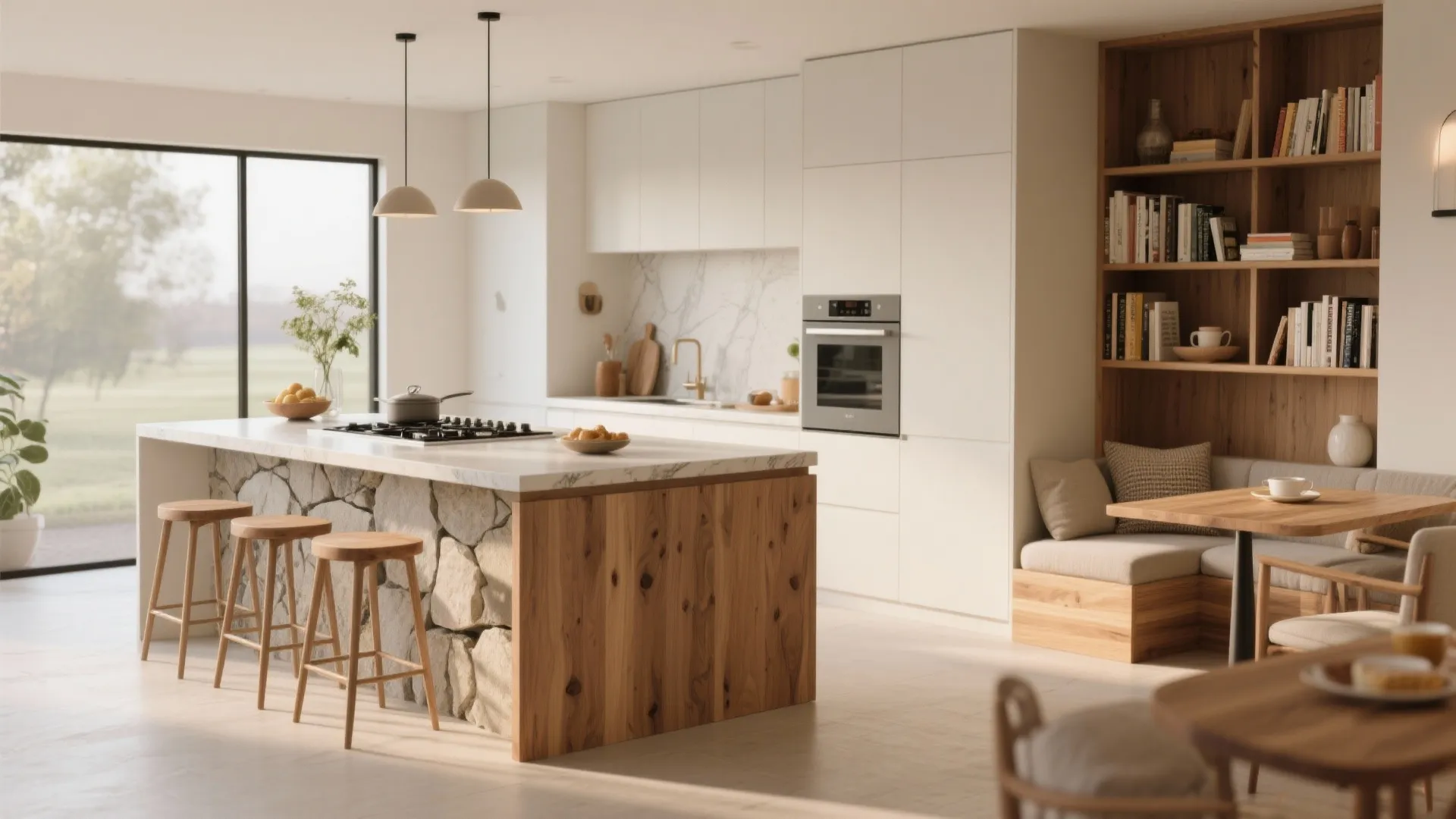 Large kitchen island with stone base wooden stools white cabinets and a cozy dining area