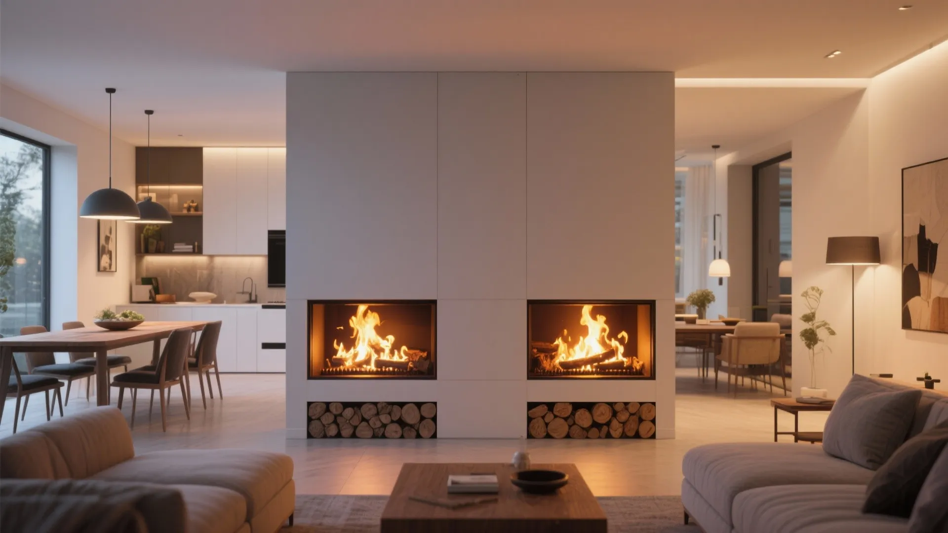Open-plan room with a modern double-sided log burner