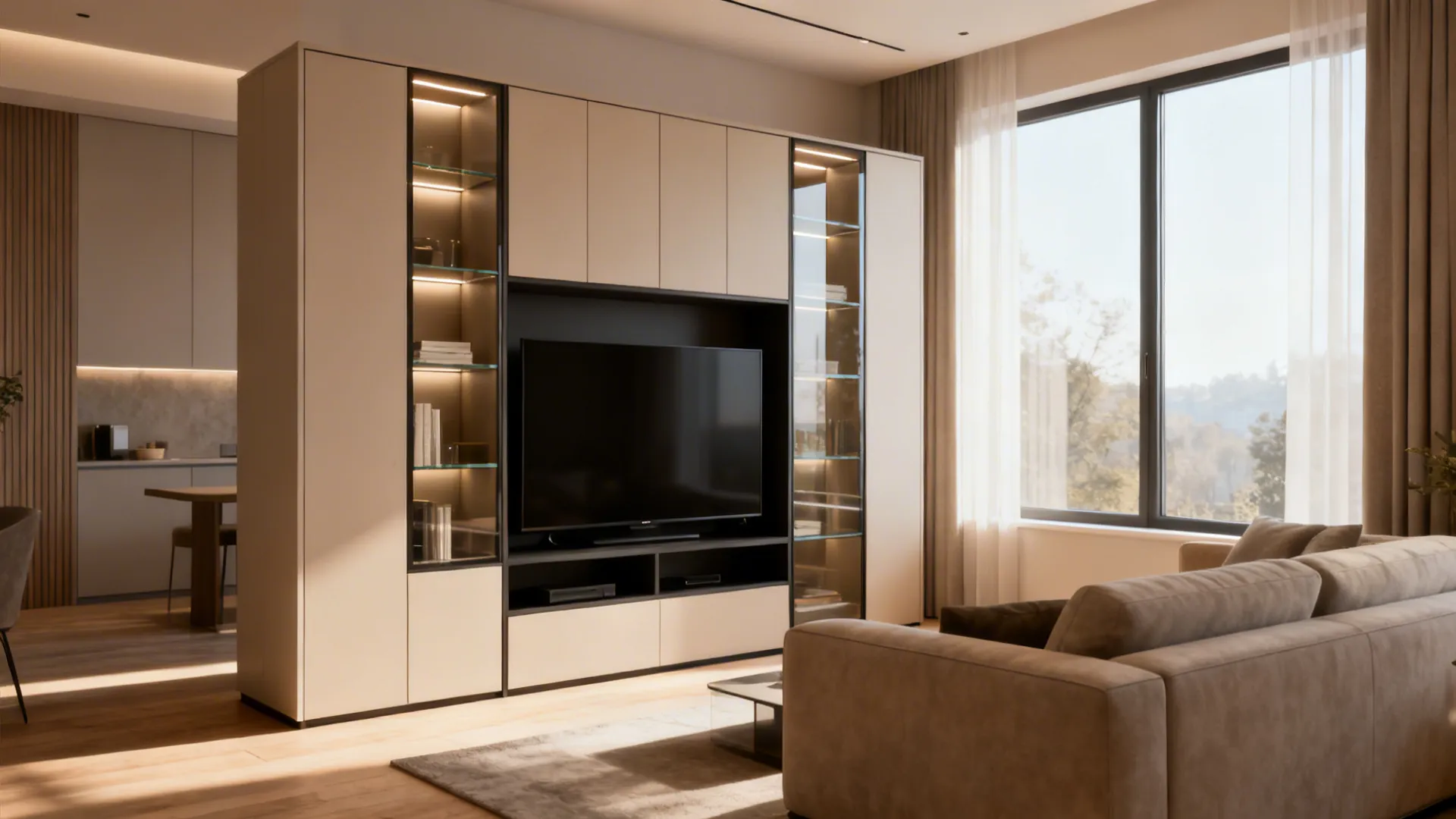 Modern beige living room divider cabinet with television glass display shelves sofa large bright window