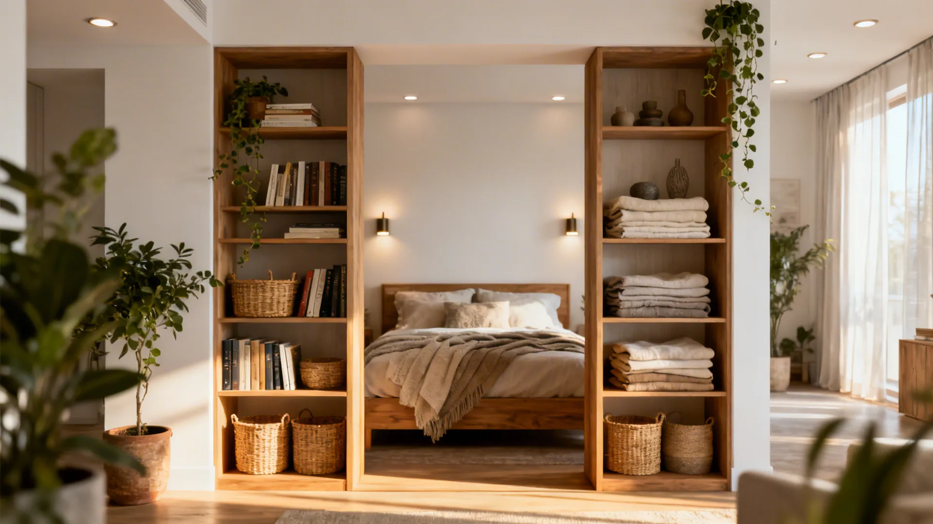 Wooden bookshelf room divider with books and baskets looking into bedroom with warm wall lights