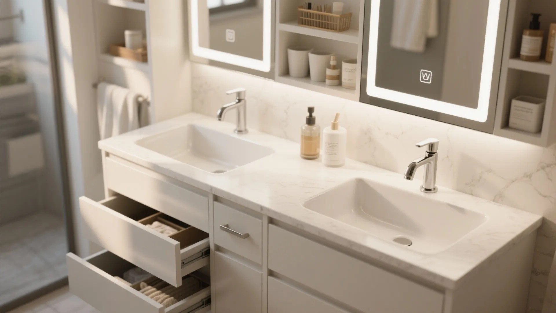 2. Double-sink 42-inch vanity with slim profiles