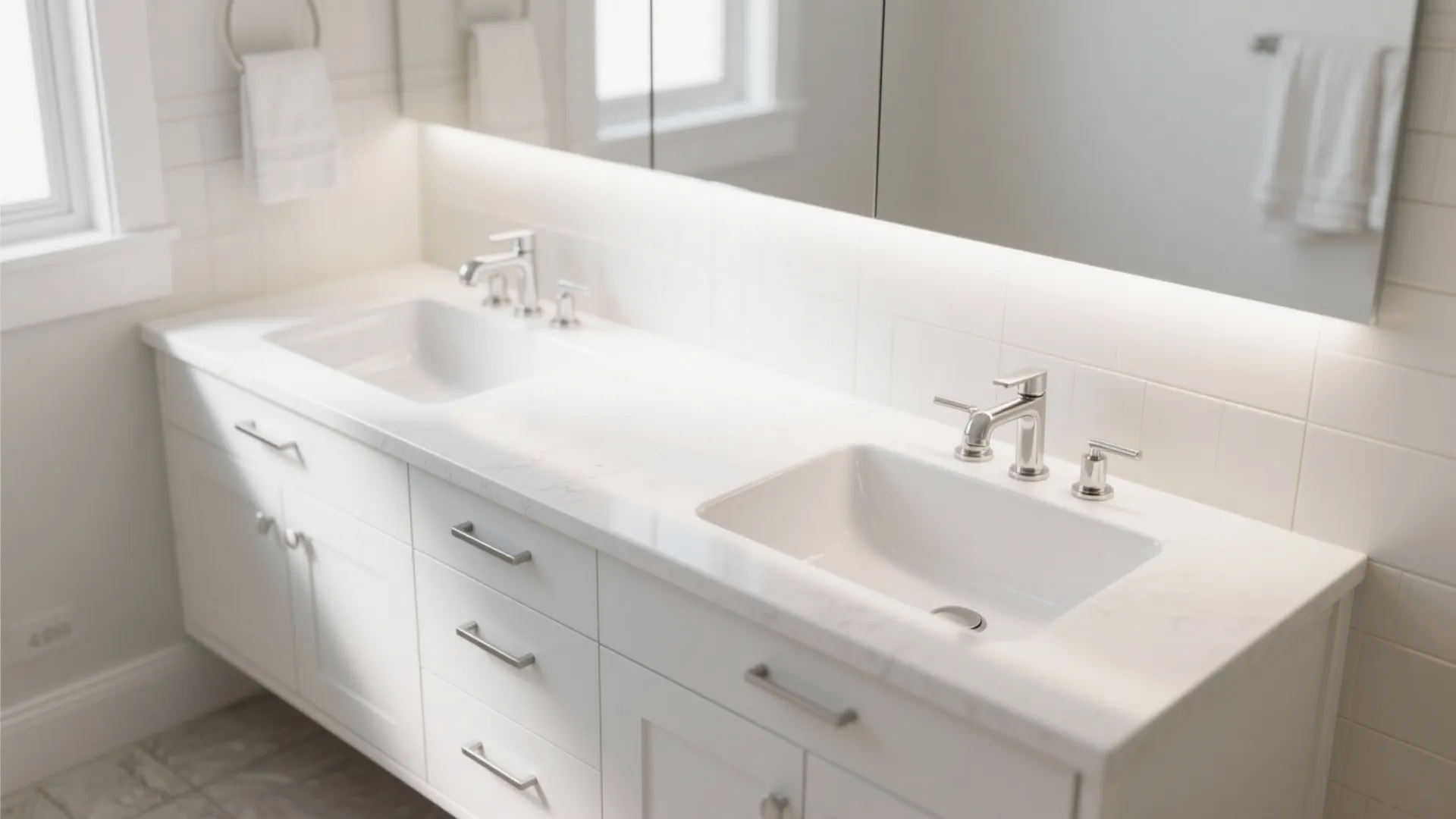 Clean white bathroom cabinet with double sinks silver faucets large mirror and bright wall lights
