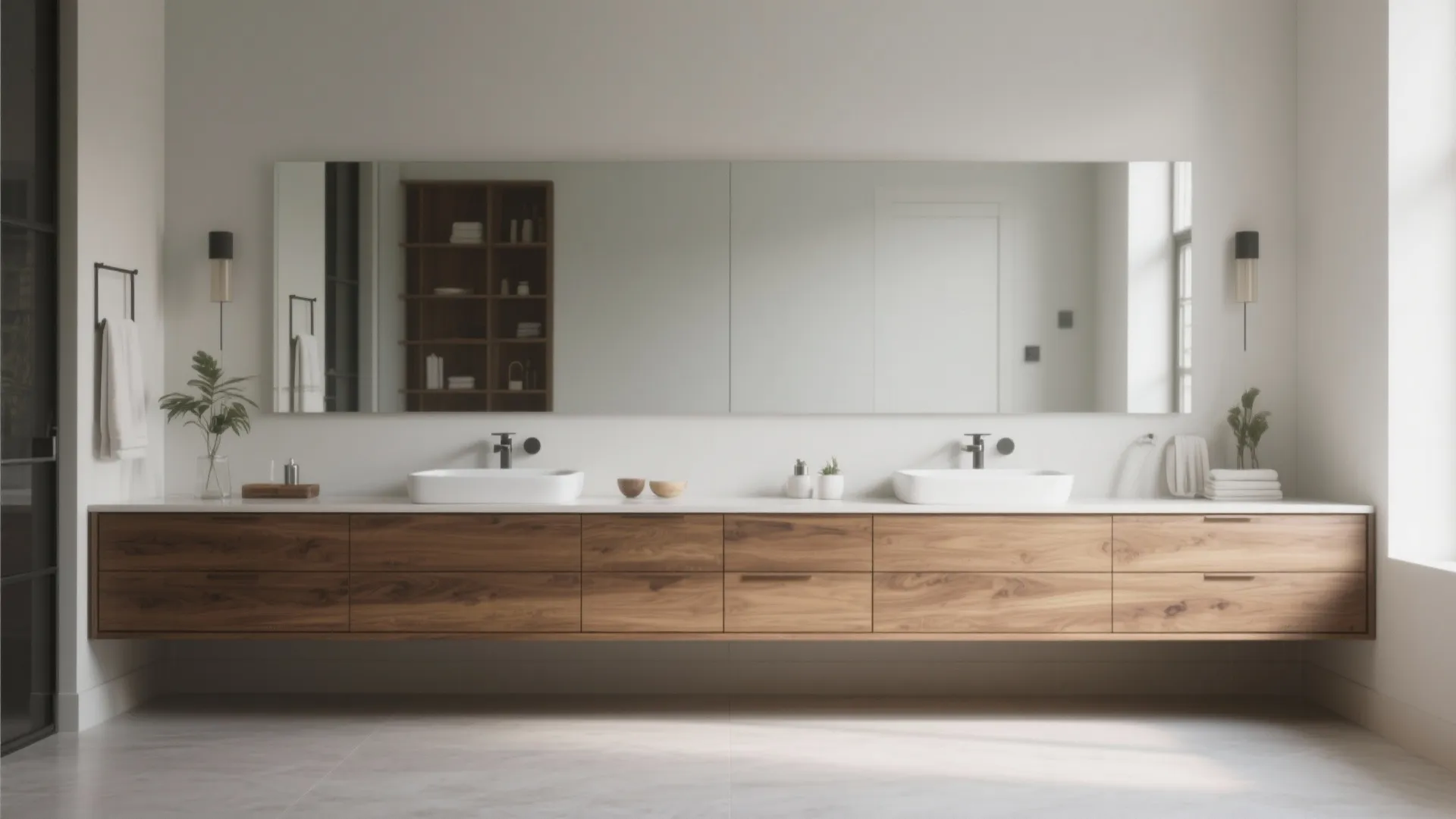 Long wooden floating cabinet with two white sinks and a large mirror in modern bathroom