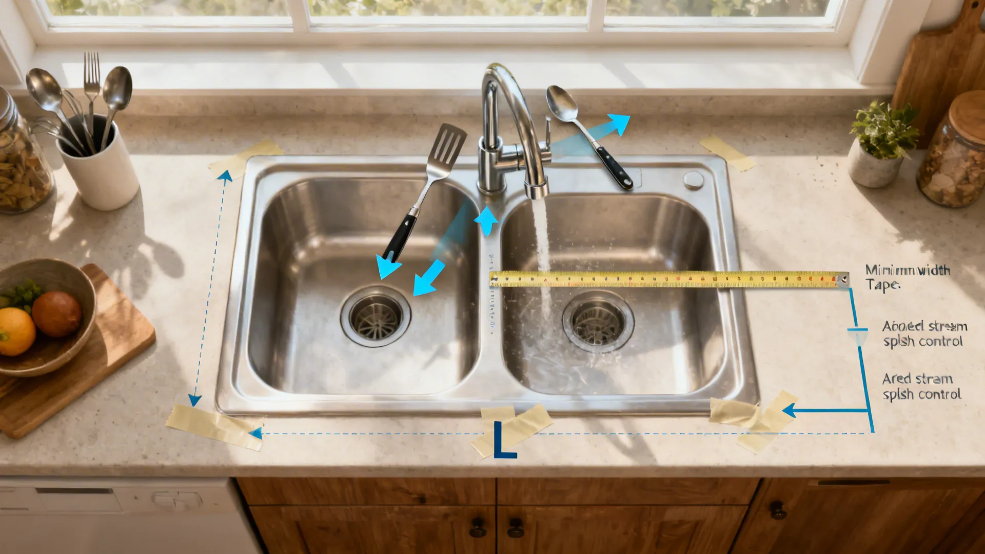 Top-down double sink with visual cues for cabinet width, faucet reach, splash control, and L layout.