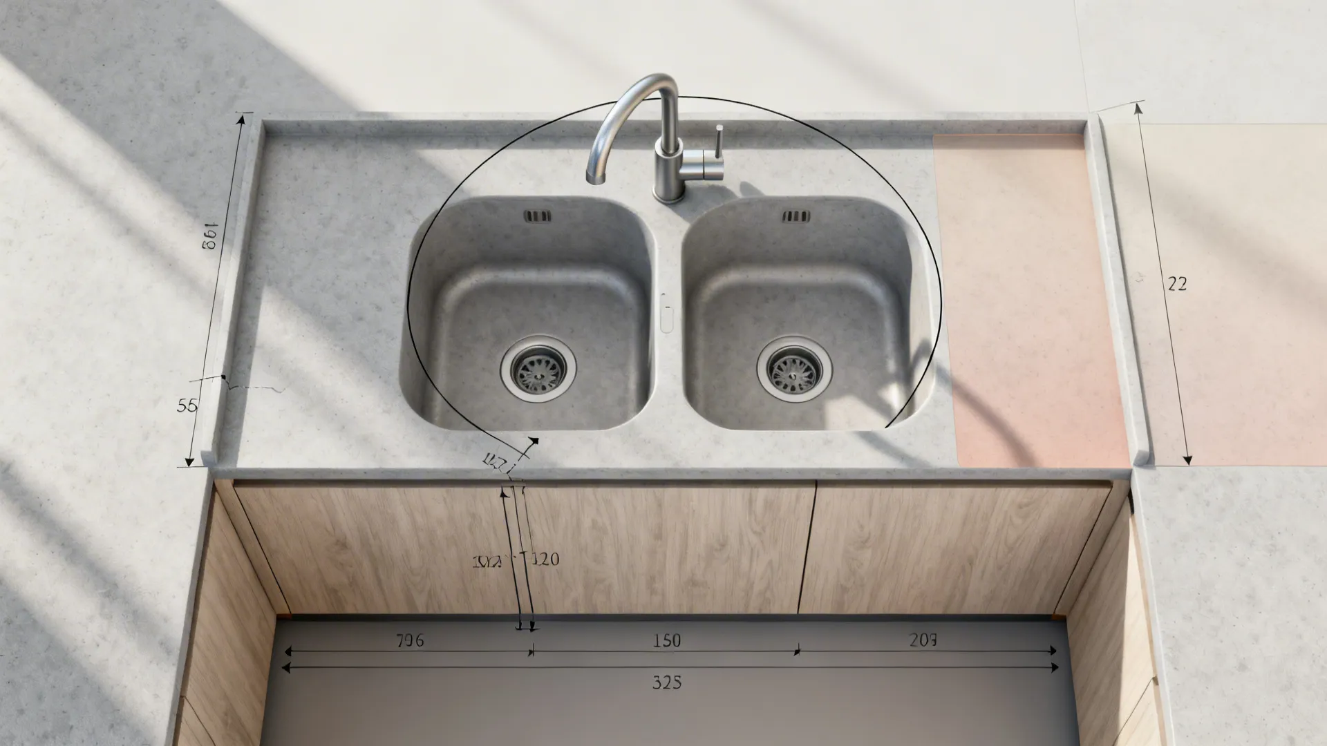 Top-down planning view showing double sink footprint, faucet reach, and landing zones.