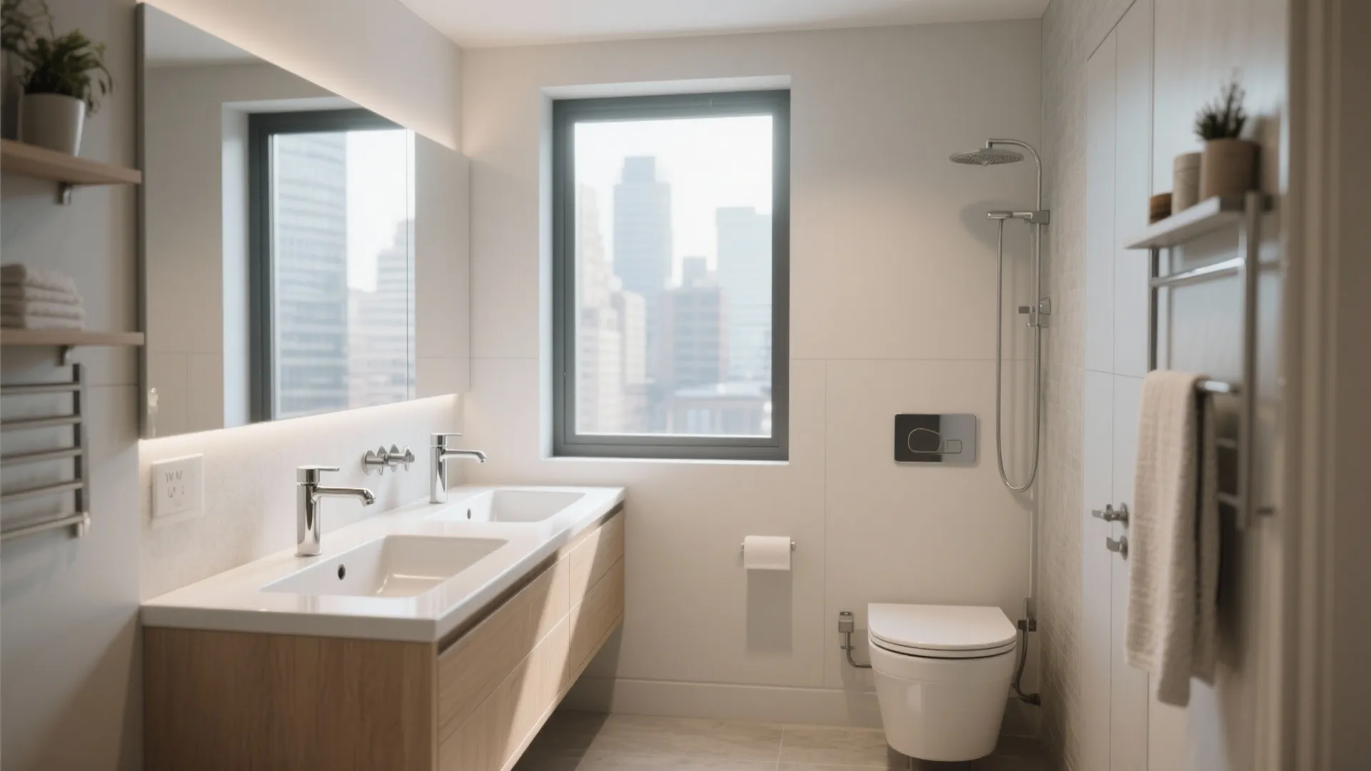 Slim double vanity with shallow basins in a compact bathroom