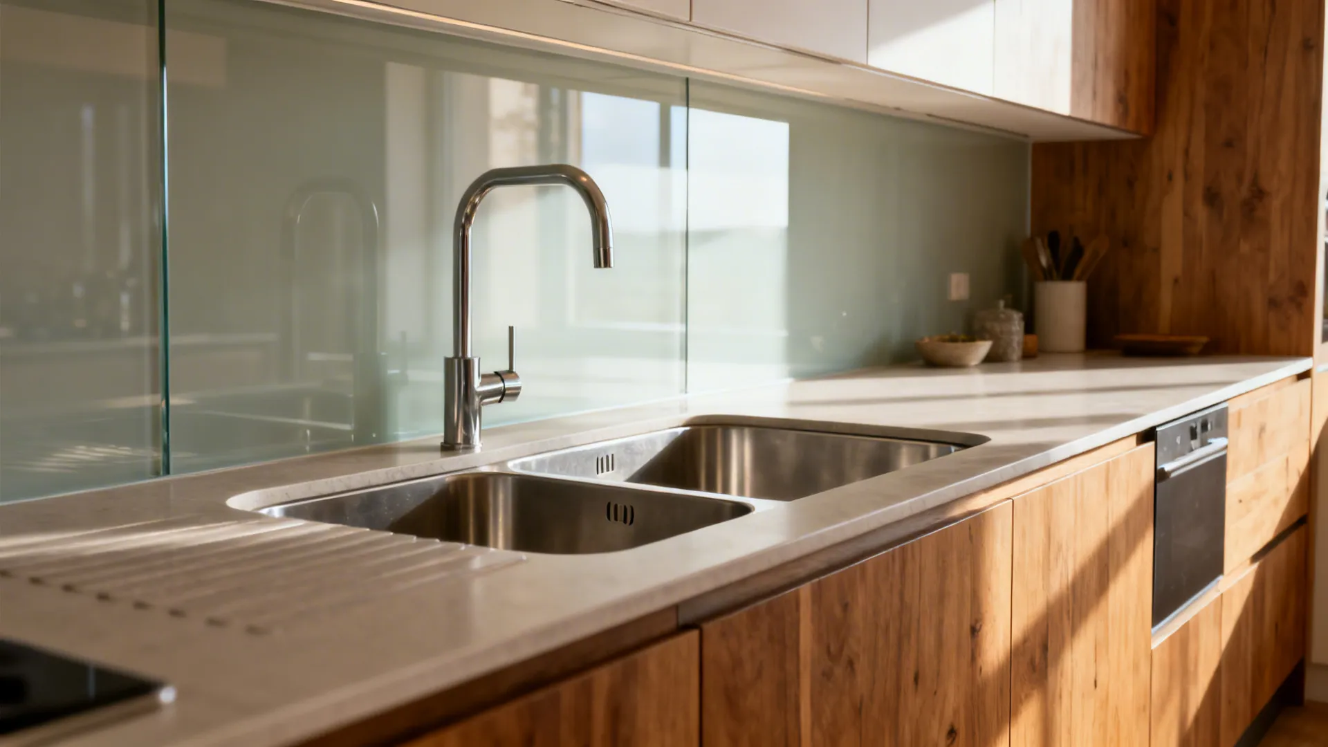 Serene small kitchen with an asymmetric double sink, clear zones, and a reflective glass backsplash.