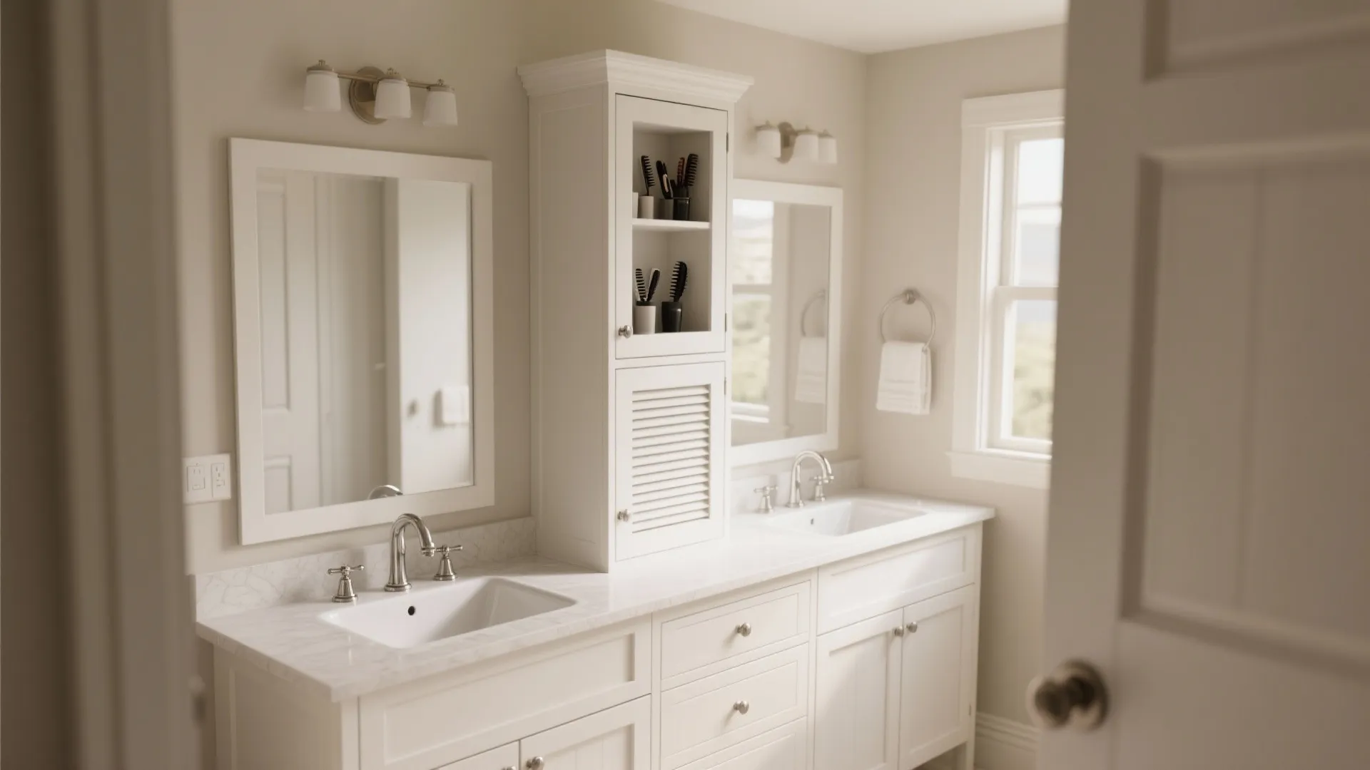 2. Classic double-sink shaker vanity with tall storage tower