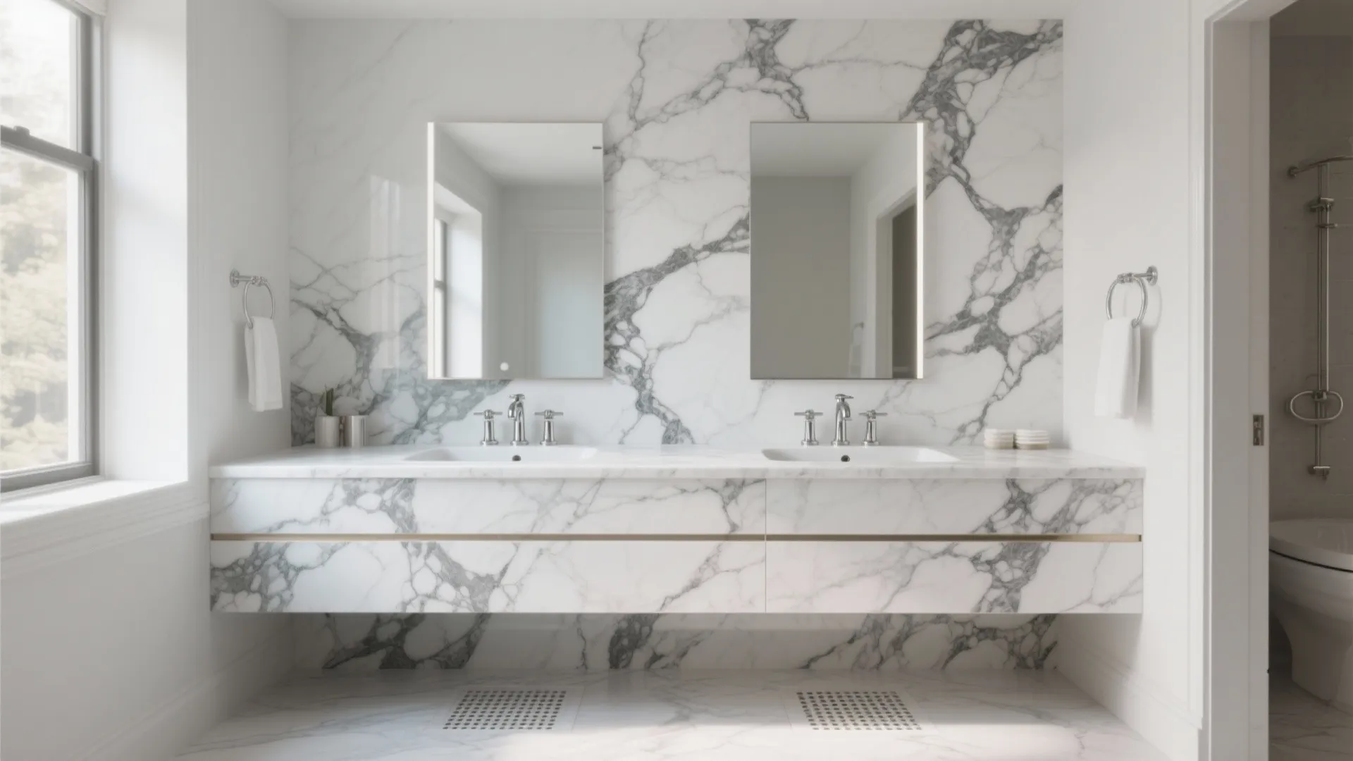 4. Double-sink white vanity with veined marble for contrast