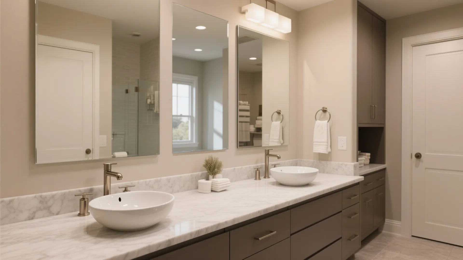 Spacious bathroom featuring grey cabinets marble countertop two round white sinks and three large wall mirrors