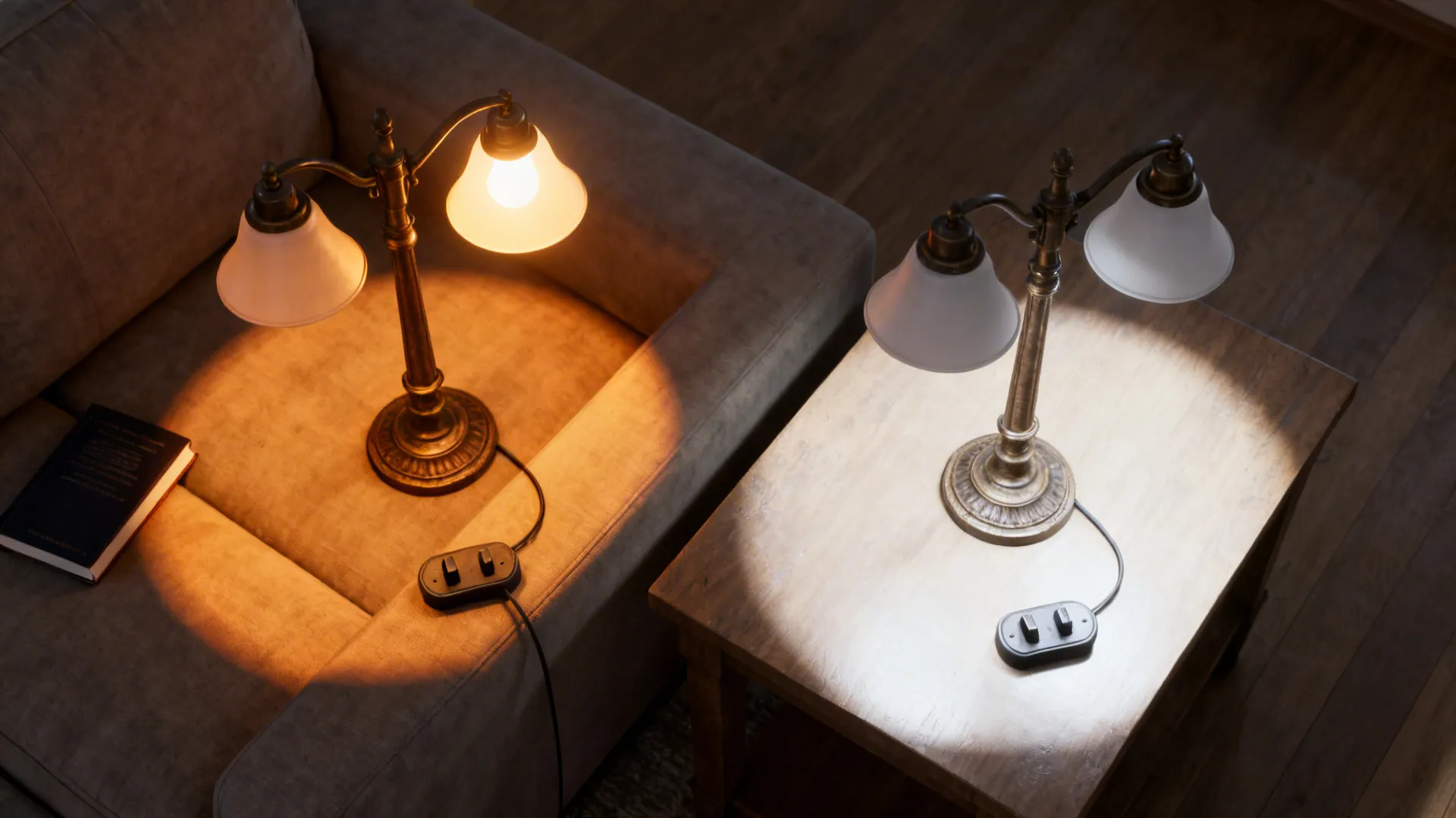 Top-down view of a side table with a double-socket lamp showing one bulb on and one off