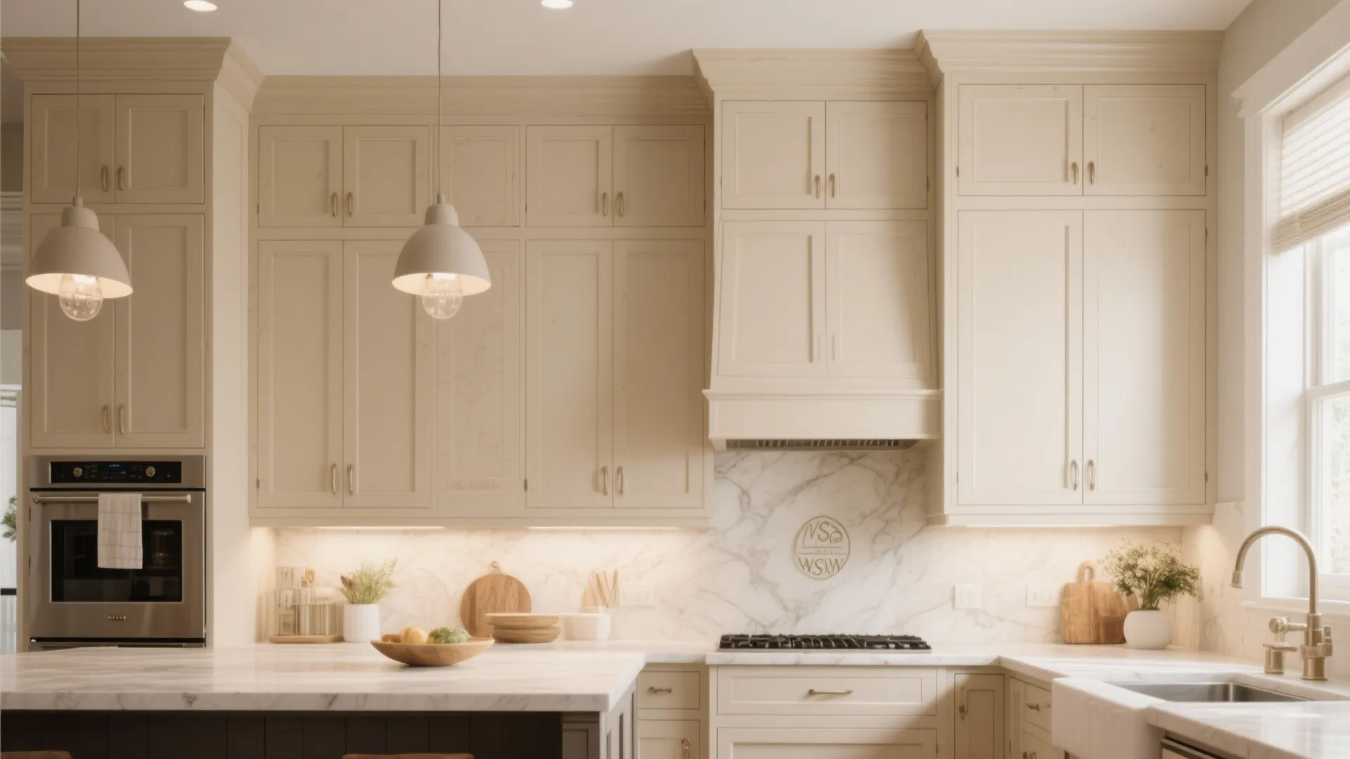 Cream colored kitchen with double stacked cabinets marble backsplash white countertops and two hanging ceiling lights