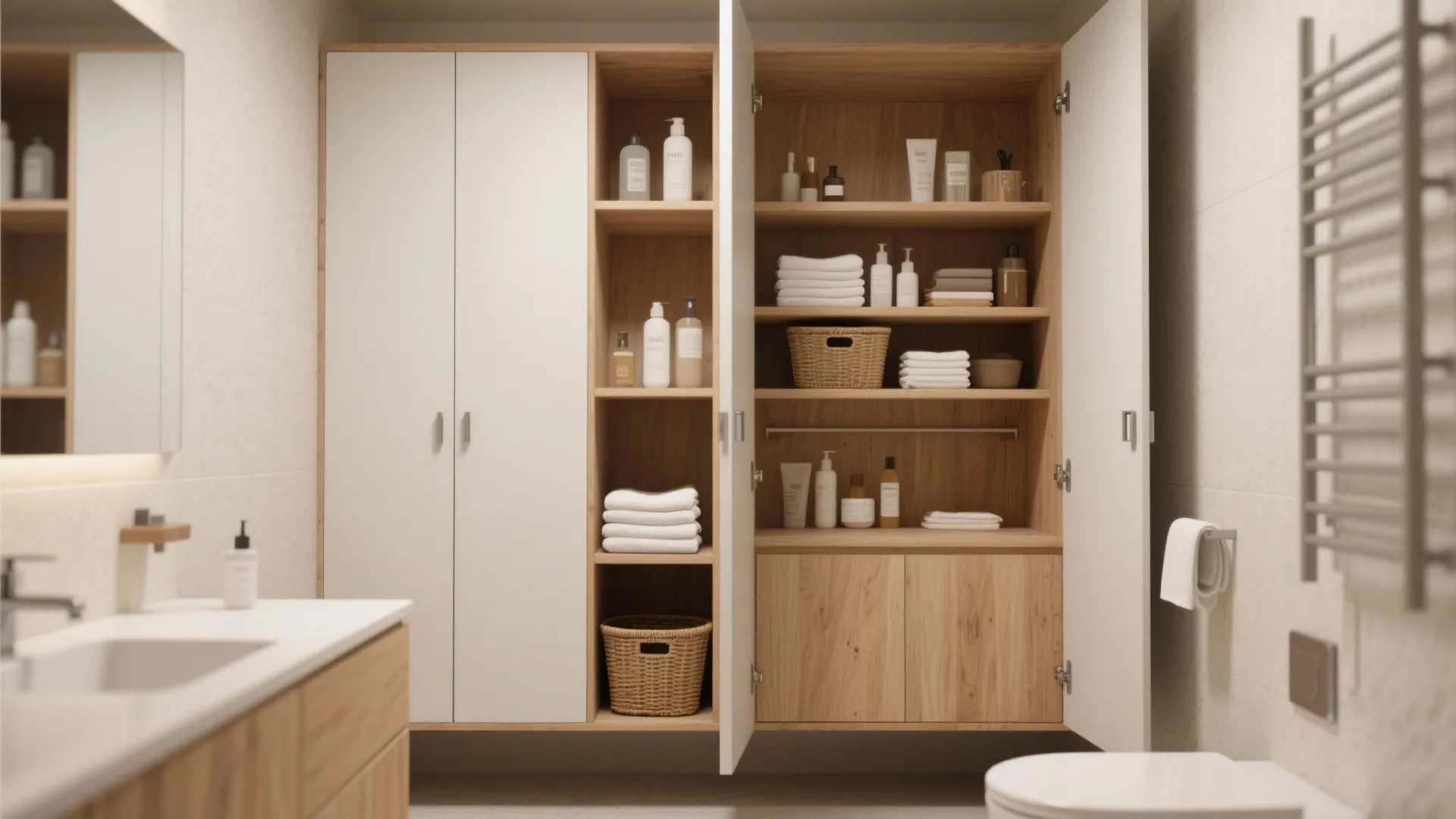 Large wooden bathroom cabinet with open doors showing neatly organized white towels, baskets, and toiletries