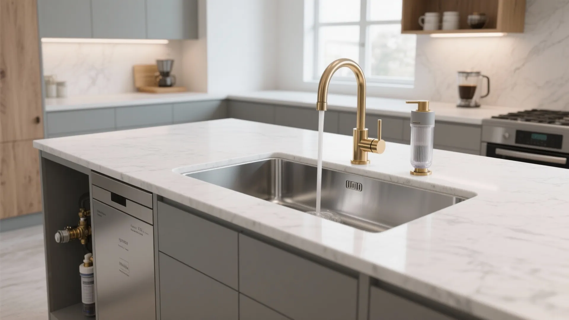Gold kitchen faucet with running water in stainless steel sink on white marble island countertop