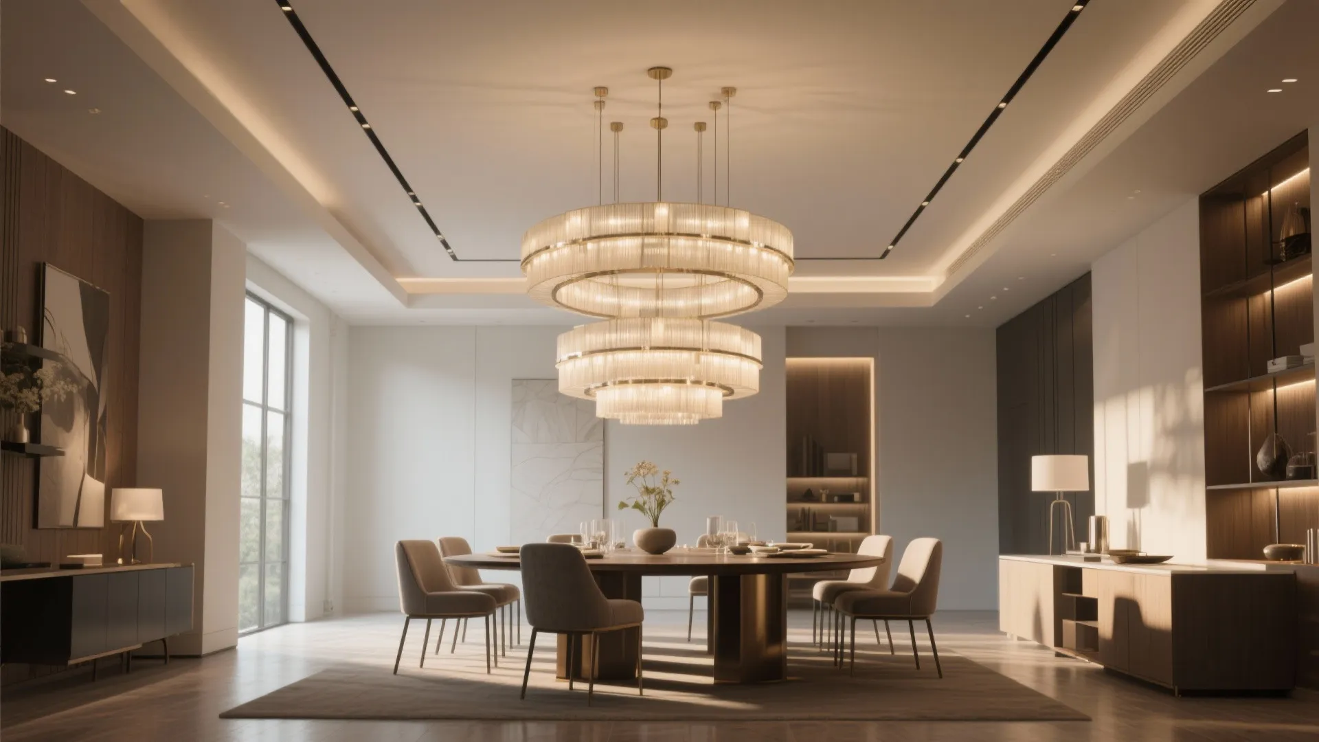 Double-tier chandelier in high ceiling dining room
