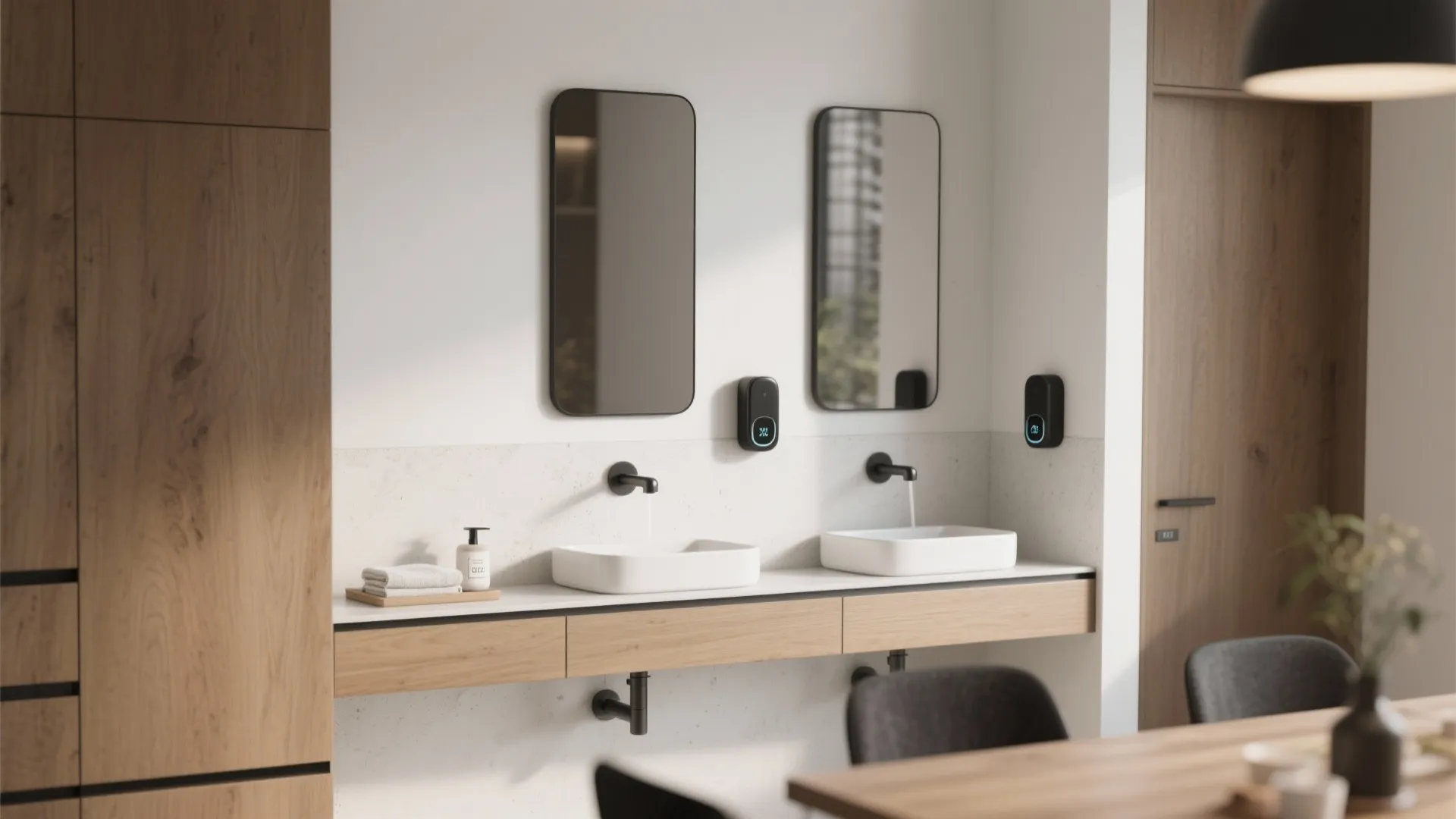 Modern bathroom with double white sinks black wall lights mirrors wooden cabinets and grey dining chairs