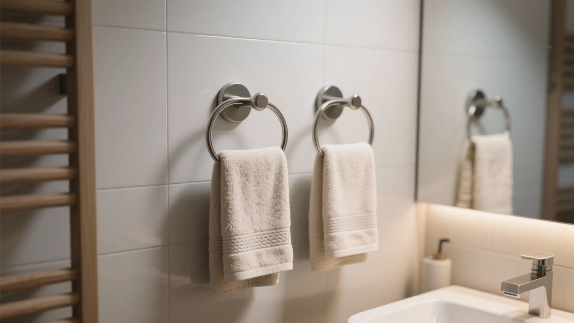 Two round metal towel rings holding beige towels on white tiled wall near bathroom sink