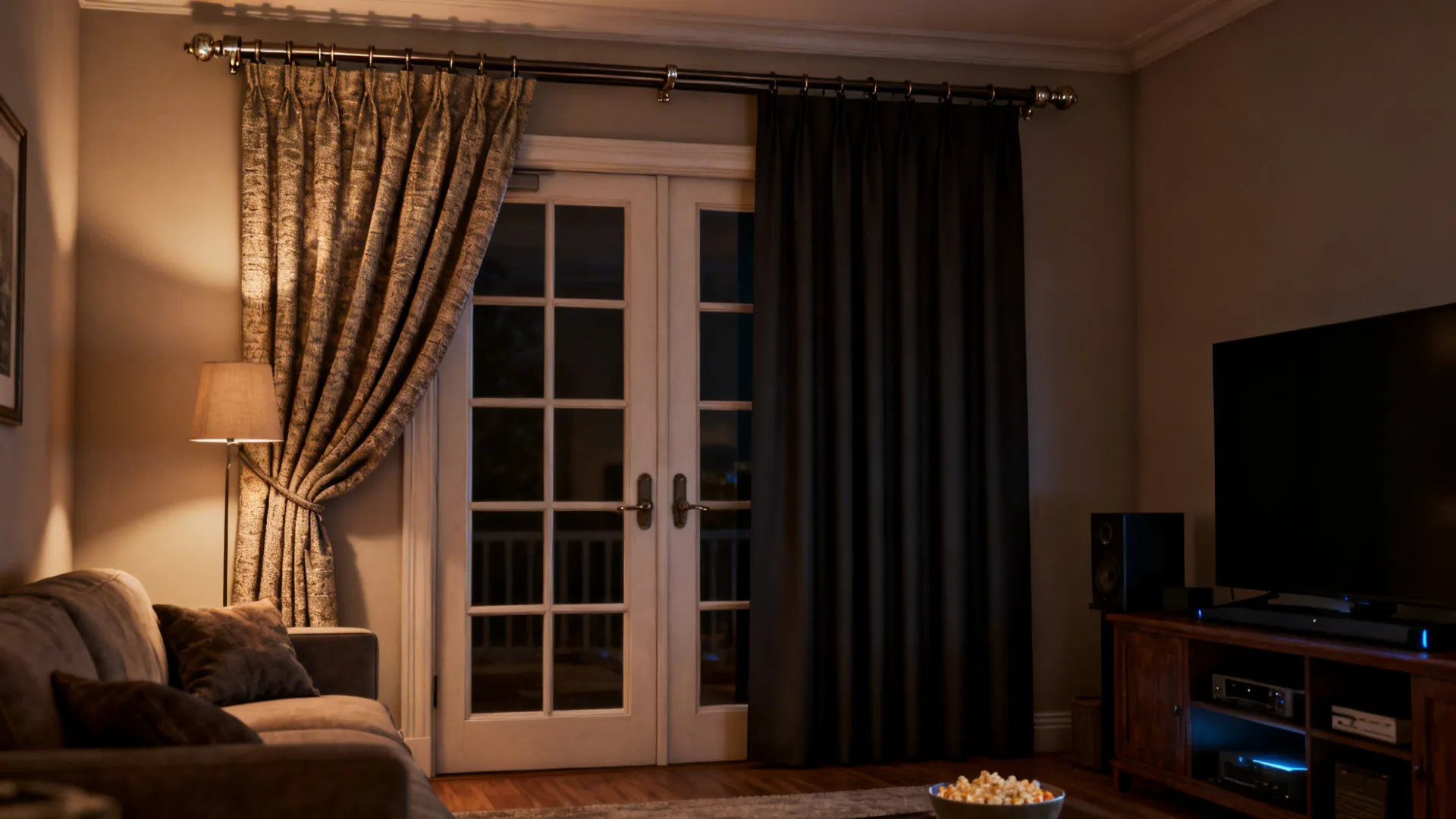 Living room with double-track drapery: decorative front panels and blackout curtains behind over French doors.