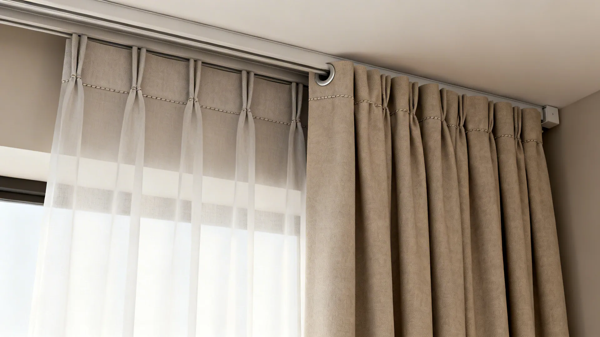 Close-up of sheer curtain layered over blackout on a discreet double track, showing fabric texture and header