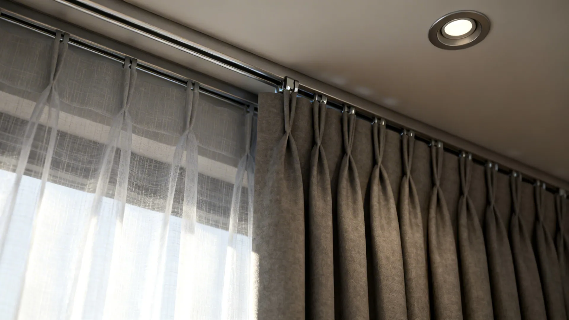 Macro view of double-track curtain system showing sheer and blackout fabric textures and recessed ceiling track.