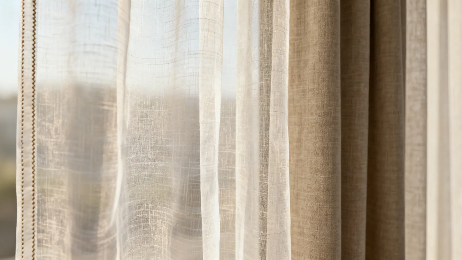 Close-up of sheer and opaque curtain fabrics showing texture and light diffusion