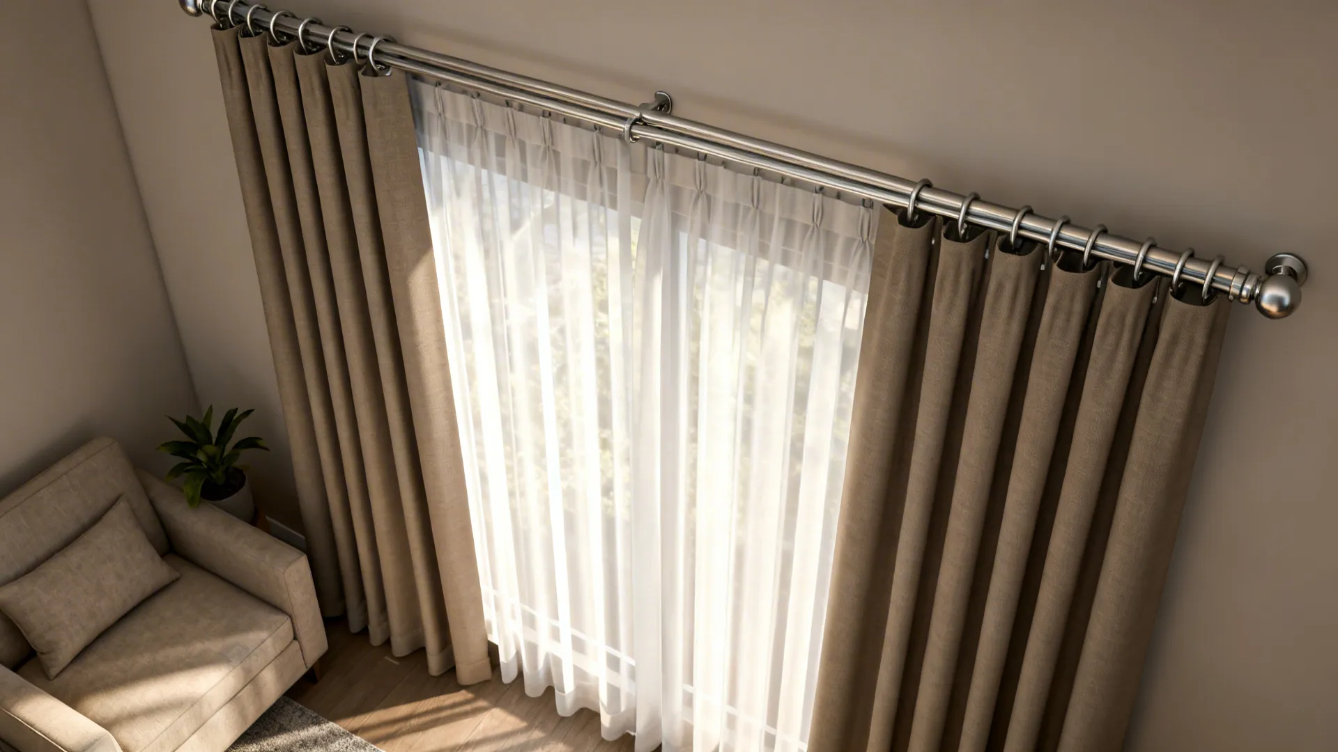 Double-track curtain rods with sheer and blackout panels creating a layered hotel-like look.