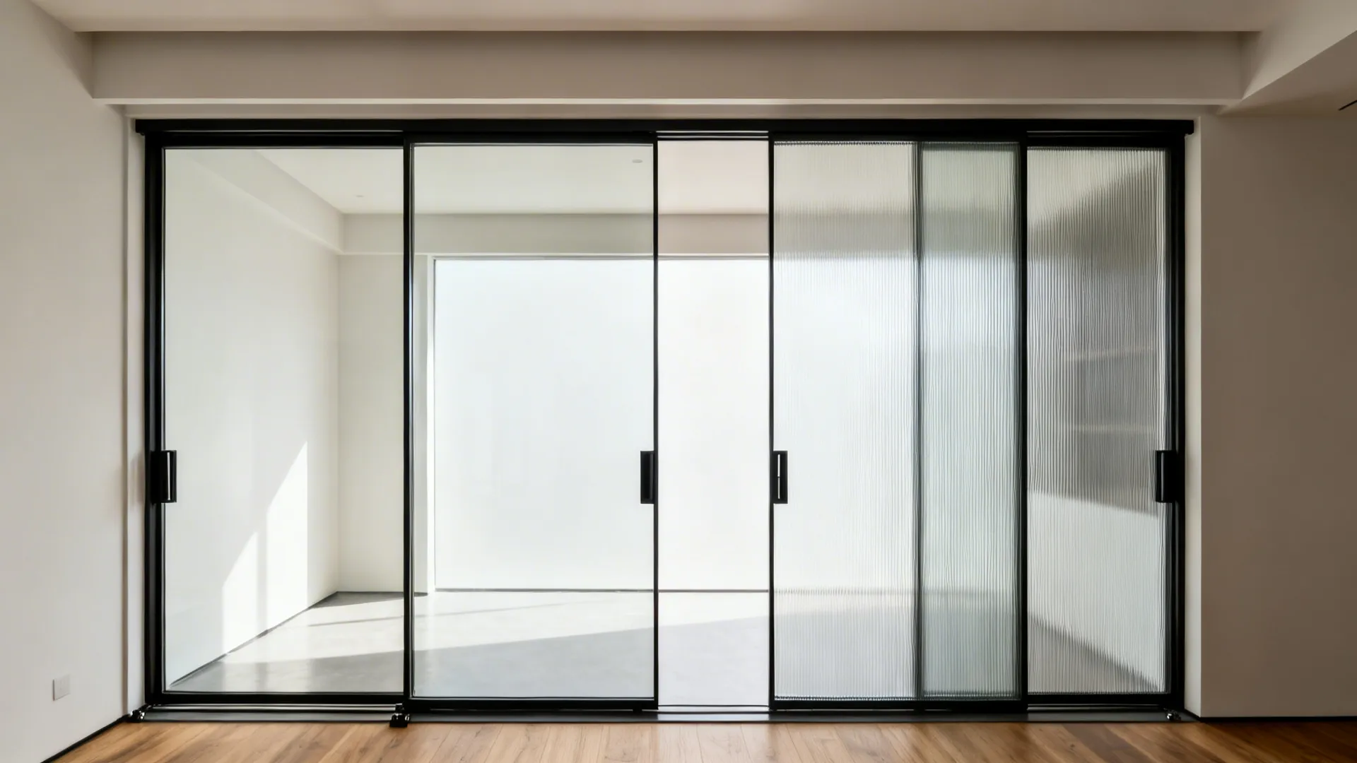 Double-track sliding doors with bypass panels between lounge and dining areas.