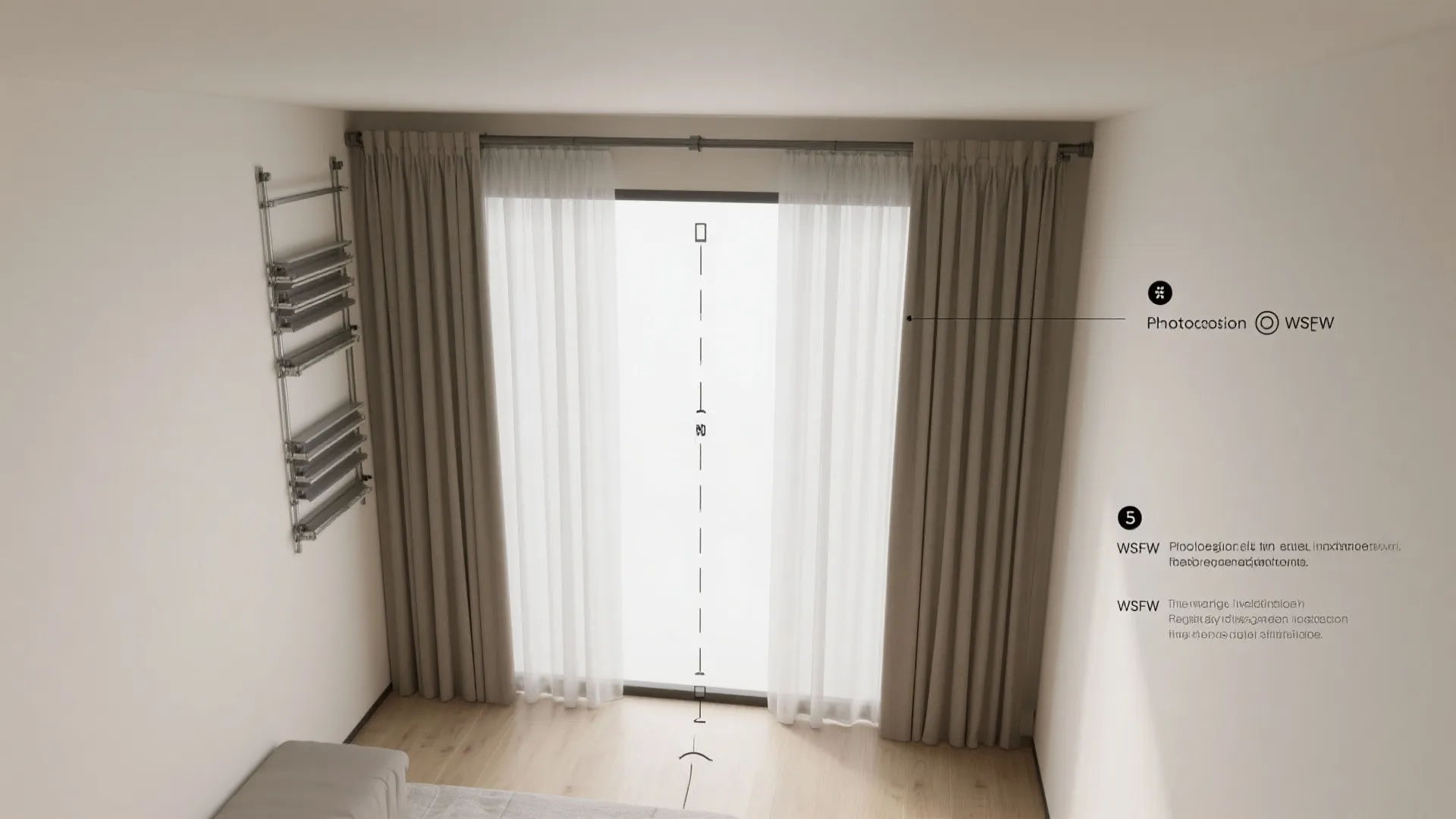 Top-down view of slim double tracks with front sheer and rear blackout curtains in a compact niche.