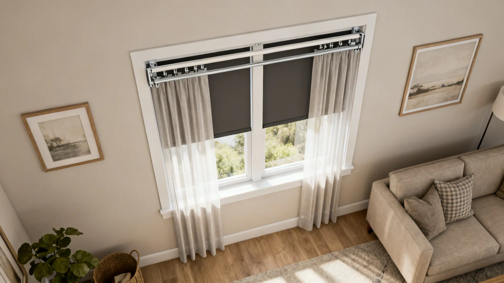 Top-down view of double ceiling tracks for sheers and blackout with tidy stack-back.