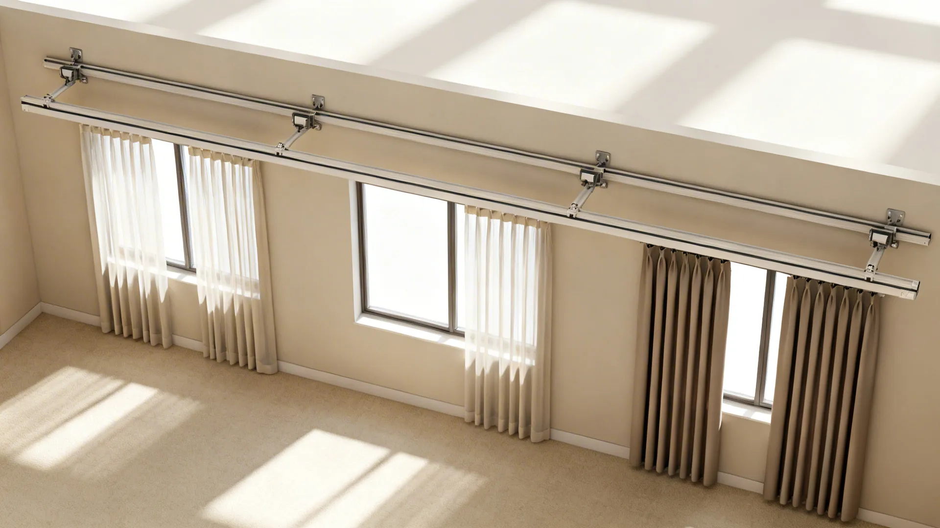 Top-down view of two ceiling tracks for sheers and blackout over three windows.