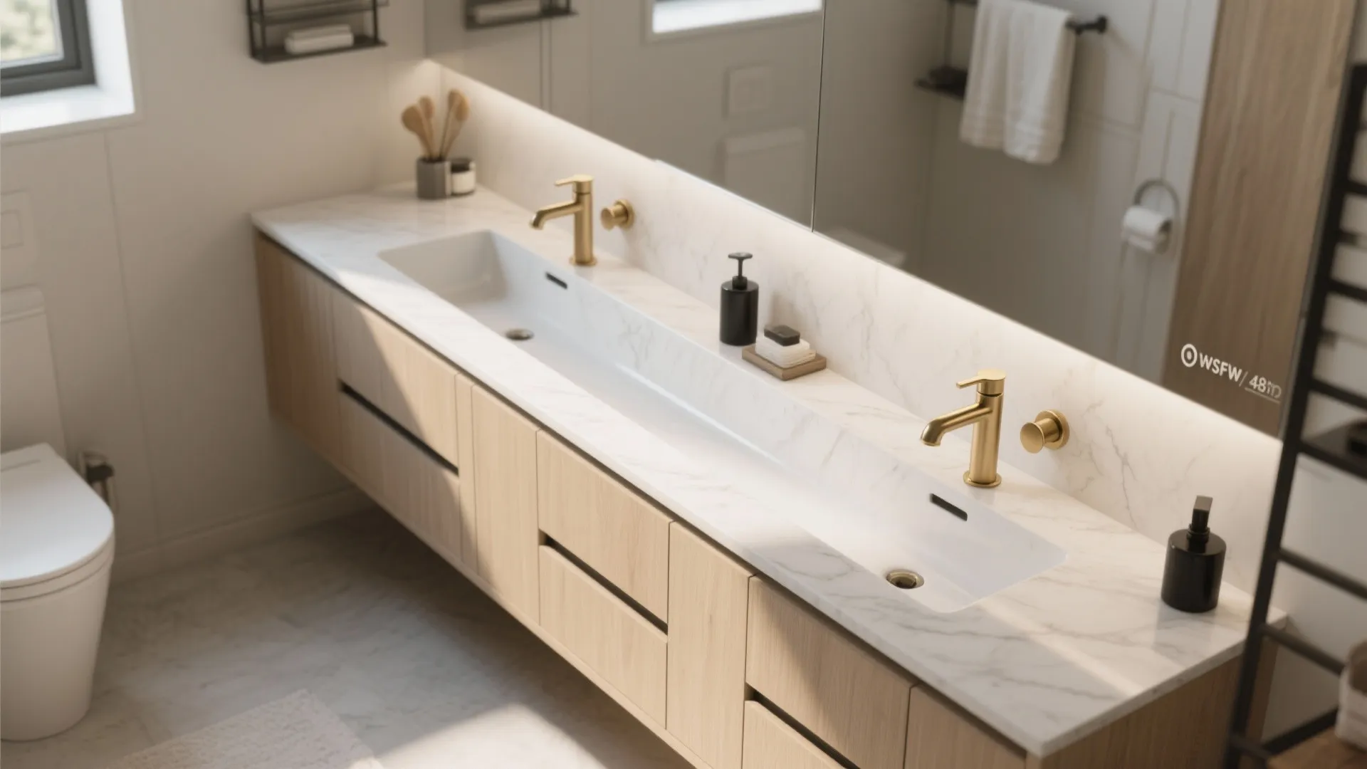 Long marble bathroom counter with two gold faucets and wood cabinets in a bright room