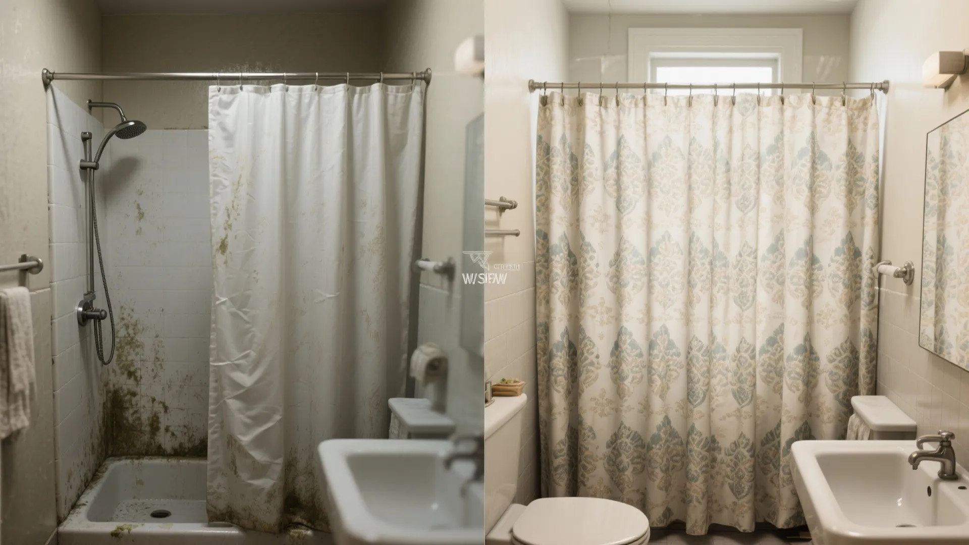 Before and after comparison of a dirty shower and a clean bathroom with patterned curtain