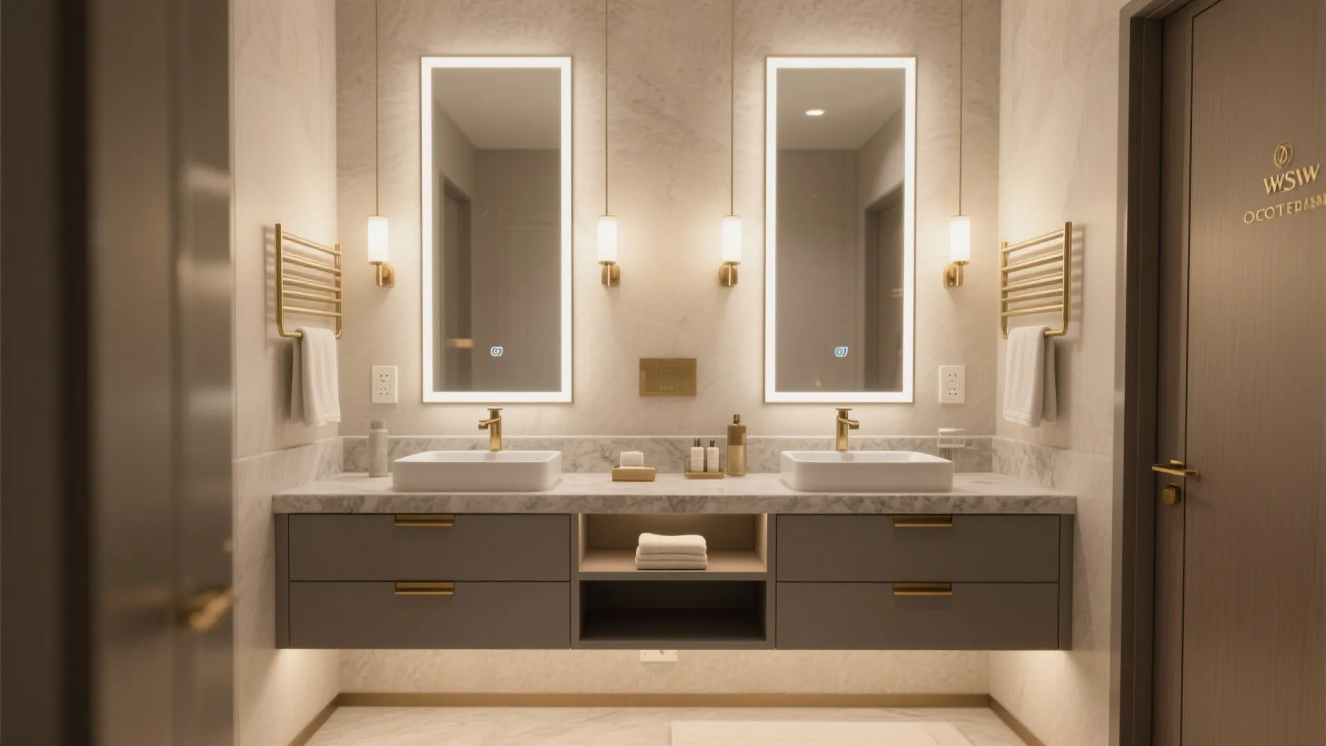 Bathroom interior design drawing with double sinks and glowing mirrors plus grey cabinets and towels