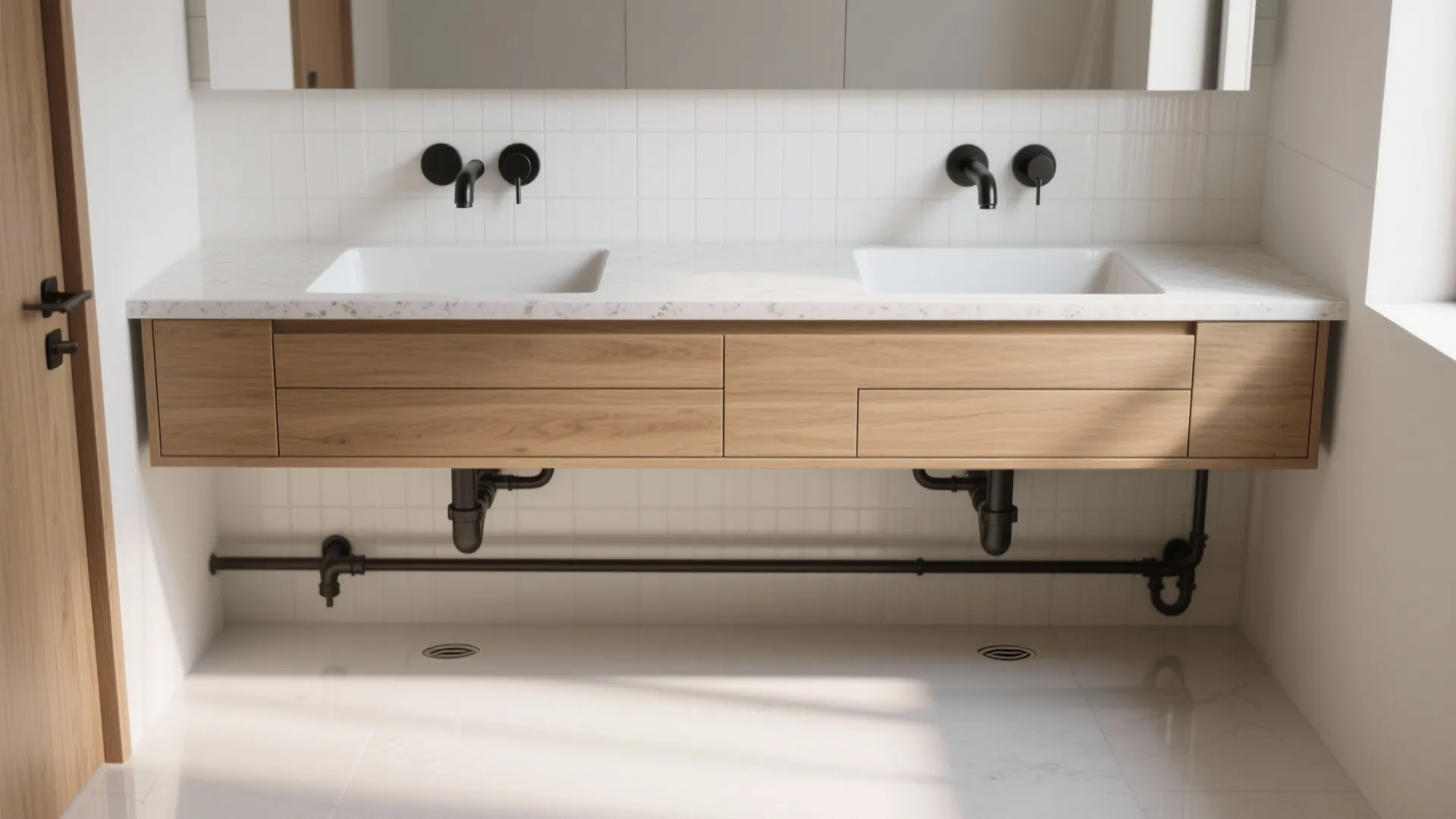Compact bathroom with a 48-inch wall-hung double vanity, two basins, clear floor space, and balanced faucet spacing.
