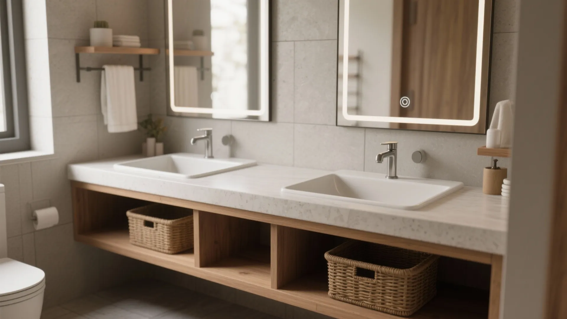 Shallow double vanity with two sinks and integrated shelving in a compact master bathroom.